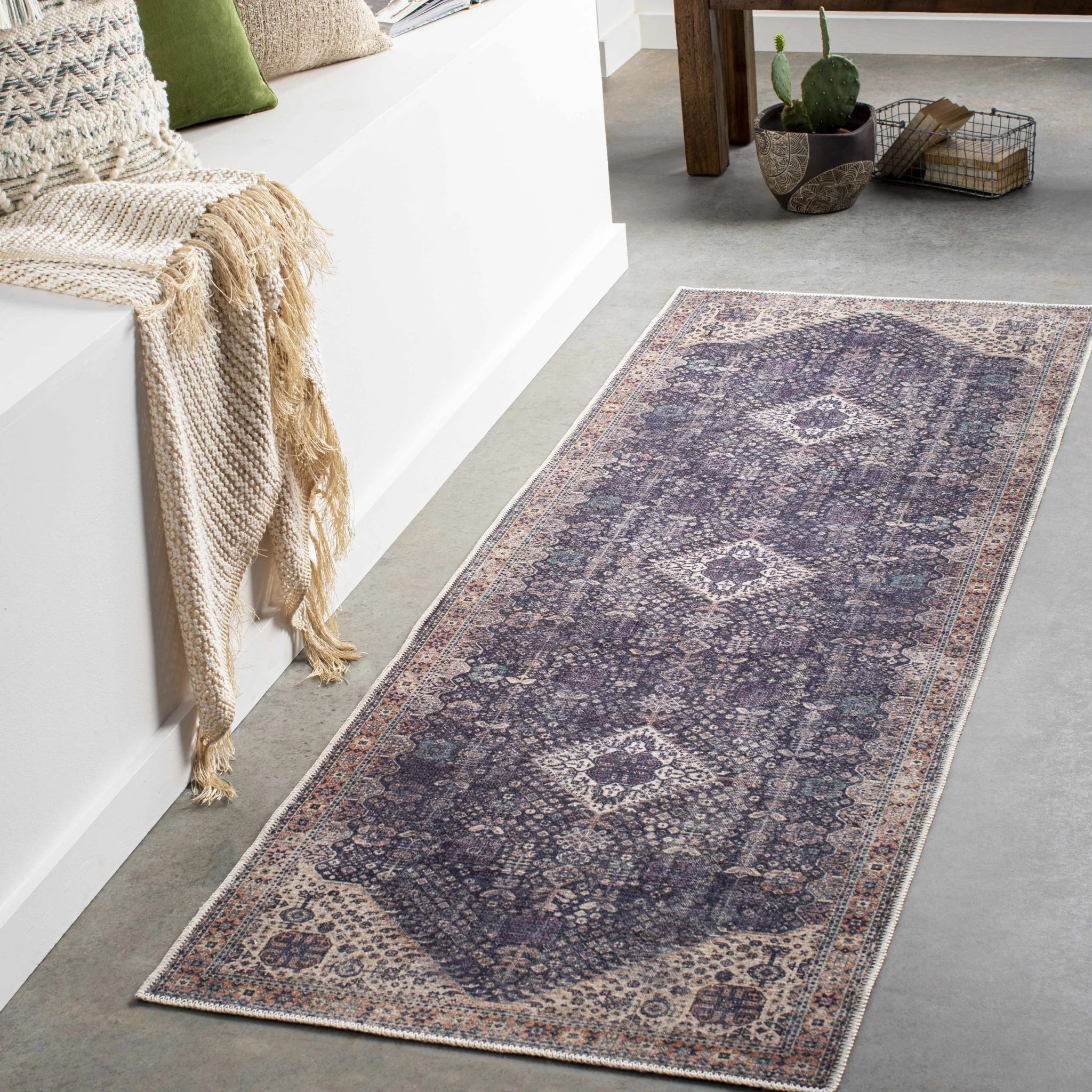 Antique Style and Traditional Design Beige, Dark Purple and Peach Washable Area Rug - Image 3
