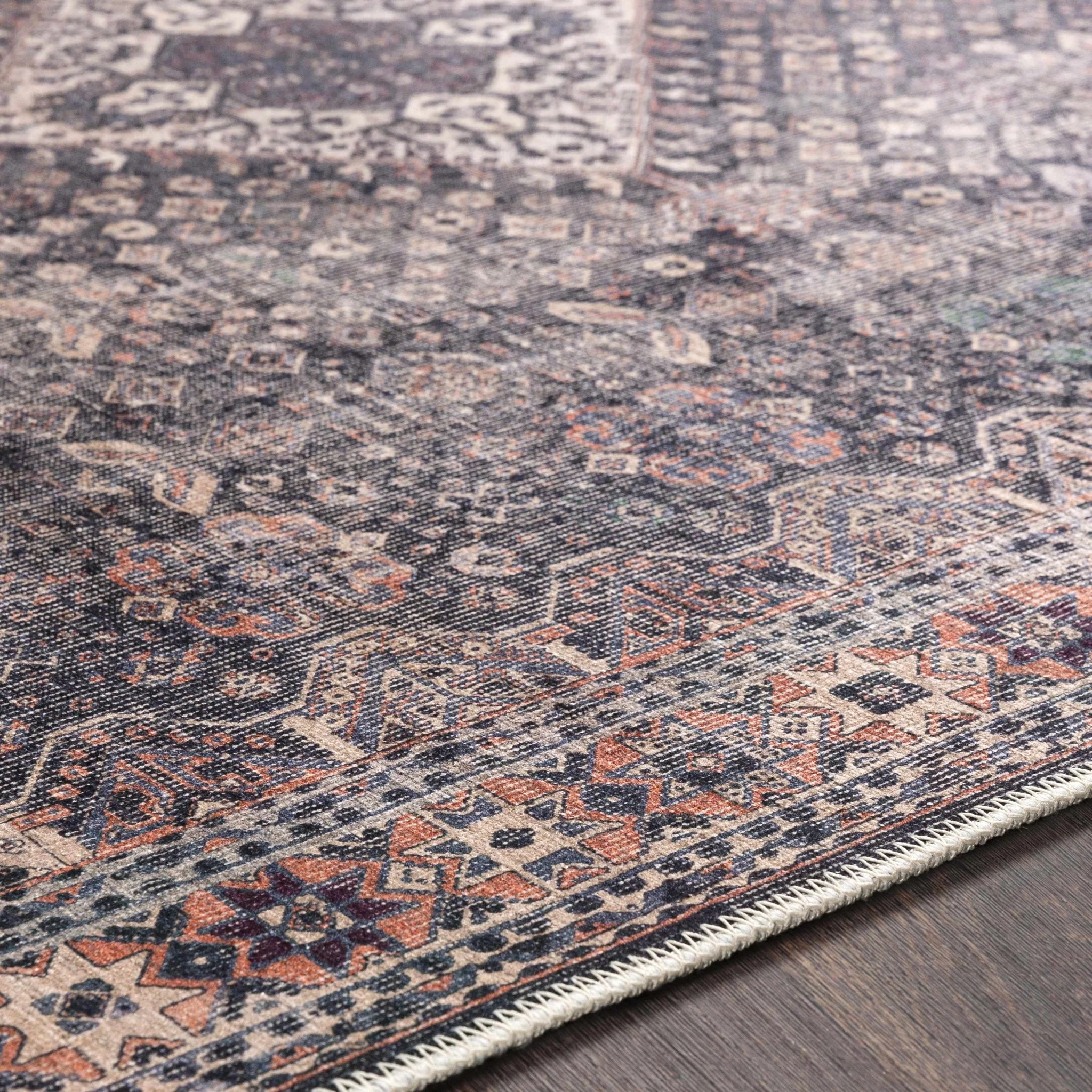 Antique Style and Traditional Design Beige, Dark Purple and Peach Washable Area Rug - Image 9