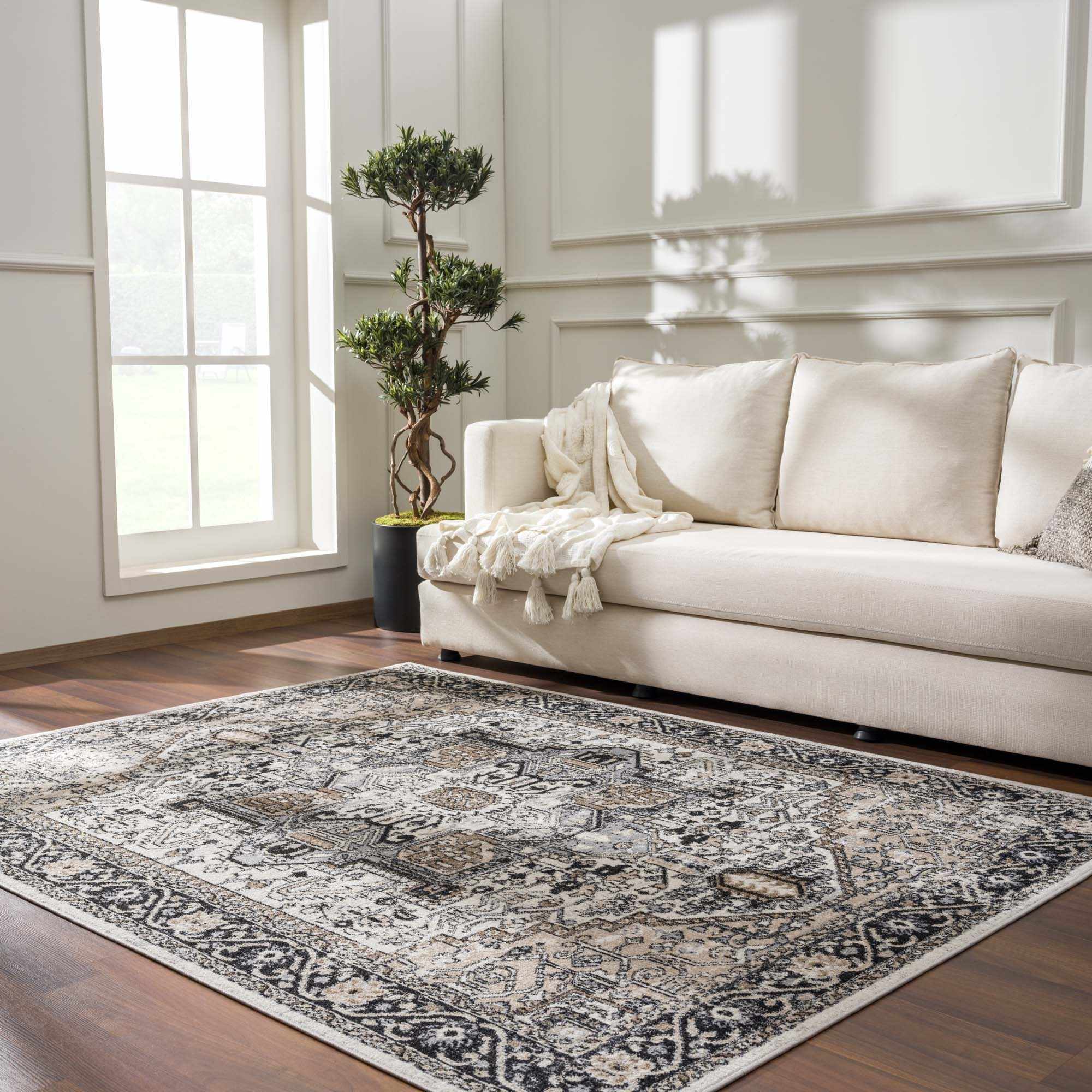 Antique Ivory, Beige and Charcoal Traditional Washable Turkish Design Area Rug - Image 11