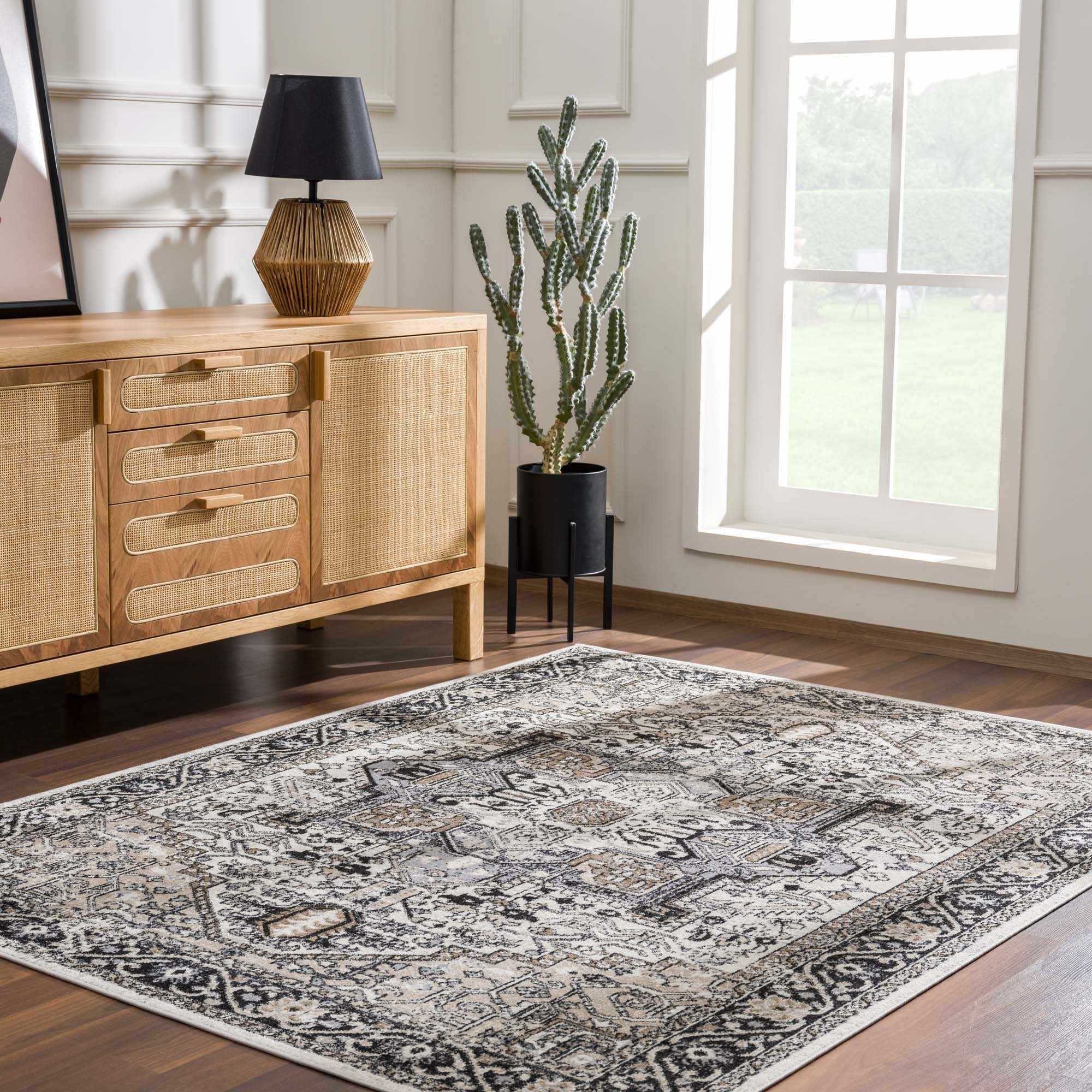Antique Ivory, Beige and Charcoal Traditional Washable Turkish Design Area Rug - Image 27