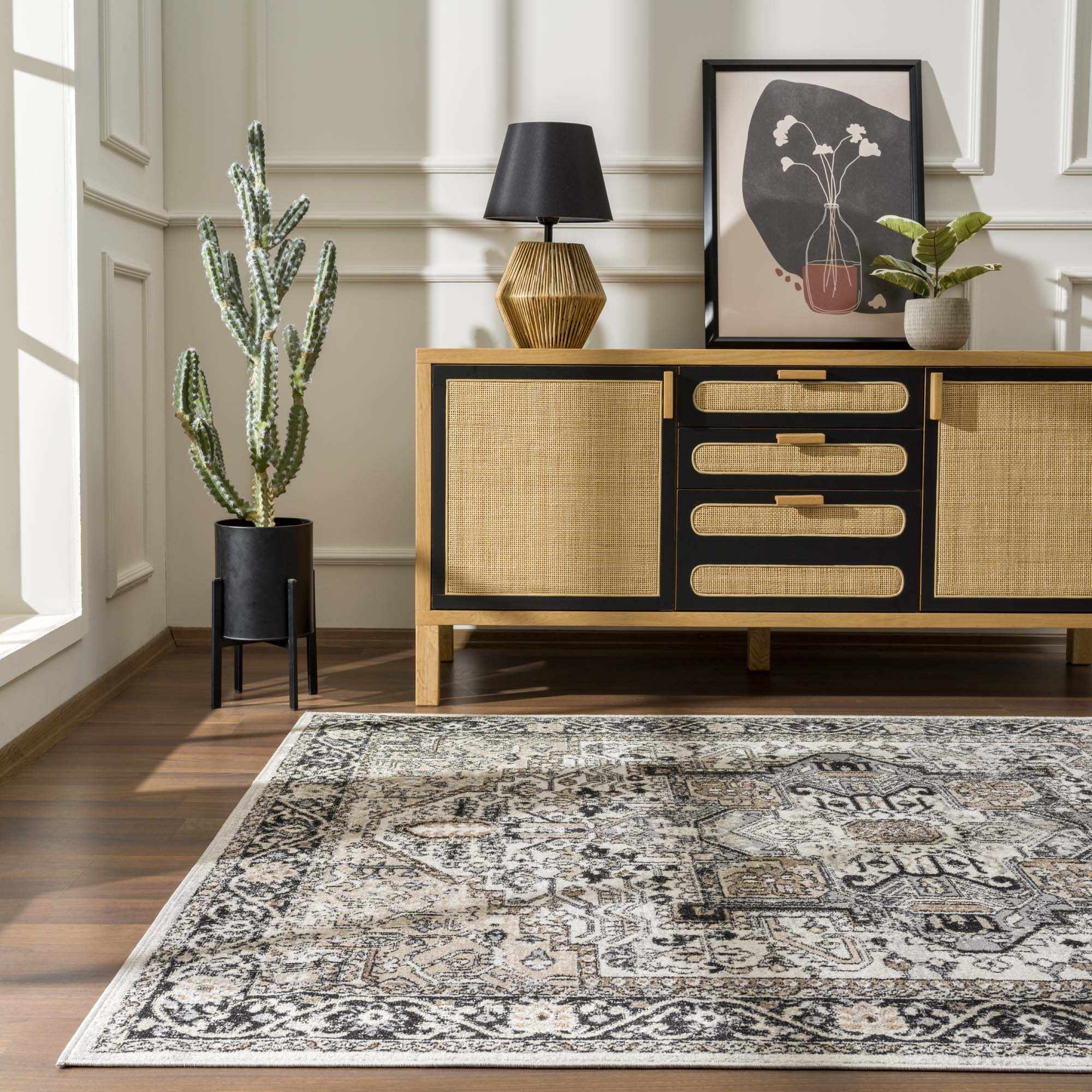 Antique Ivory, Beige and Charcoal Traditional Washable Turkish Design Area Rug - Image 28