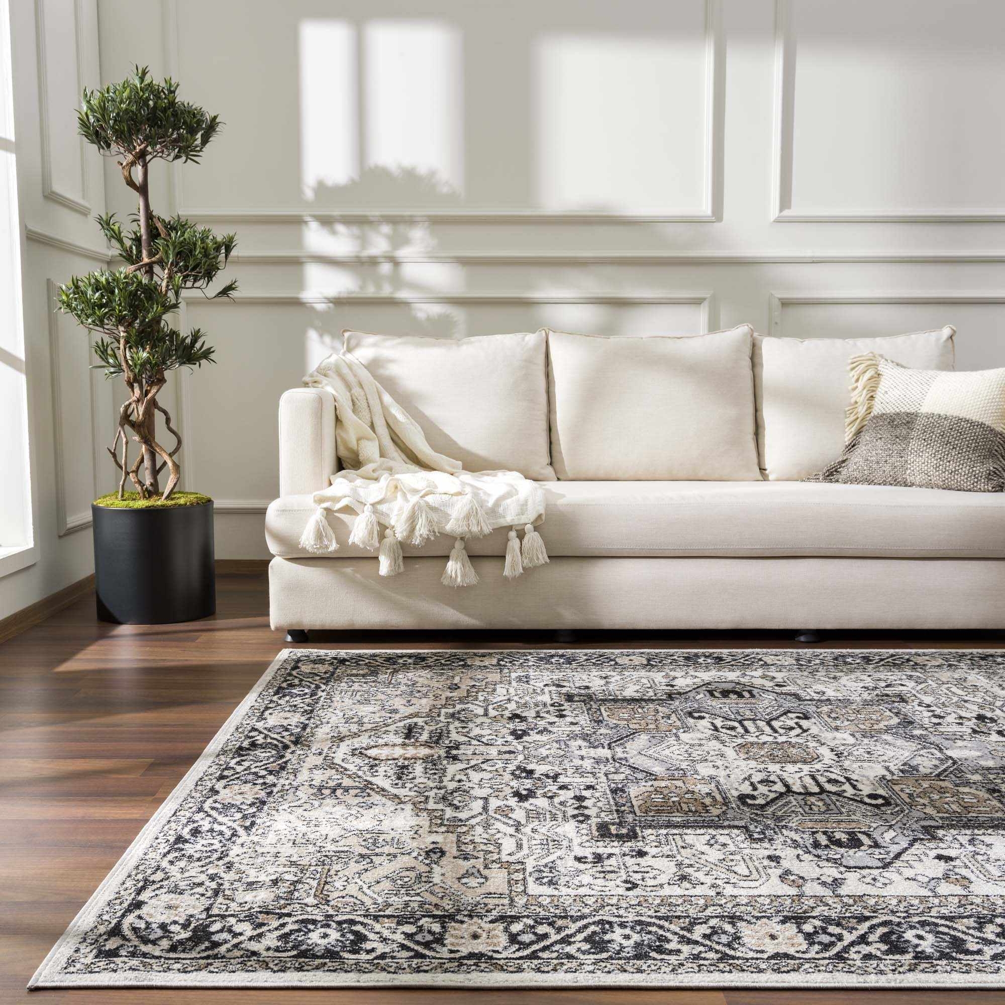 Antique Ivory, Beige and Charcoal Traditional Washable Turkish Design Area Rug - Image 29