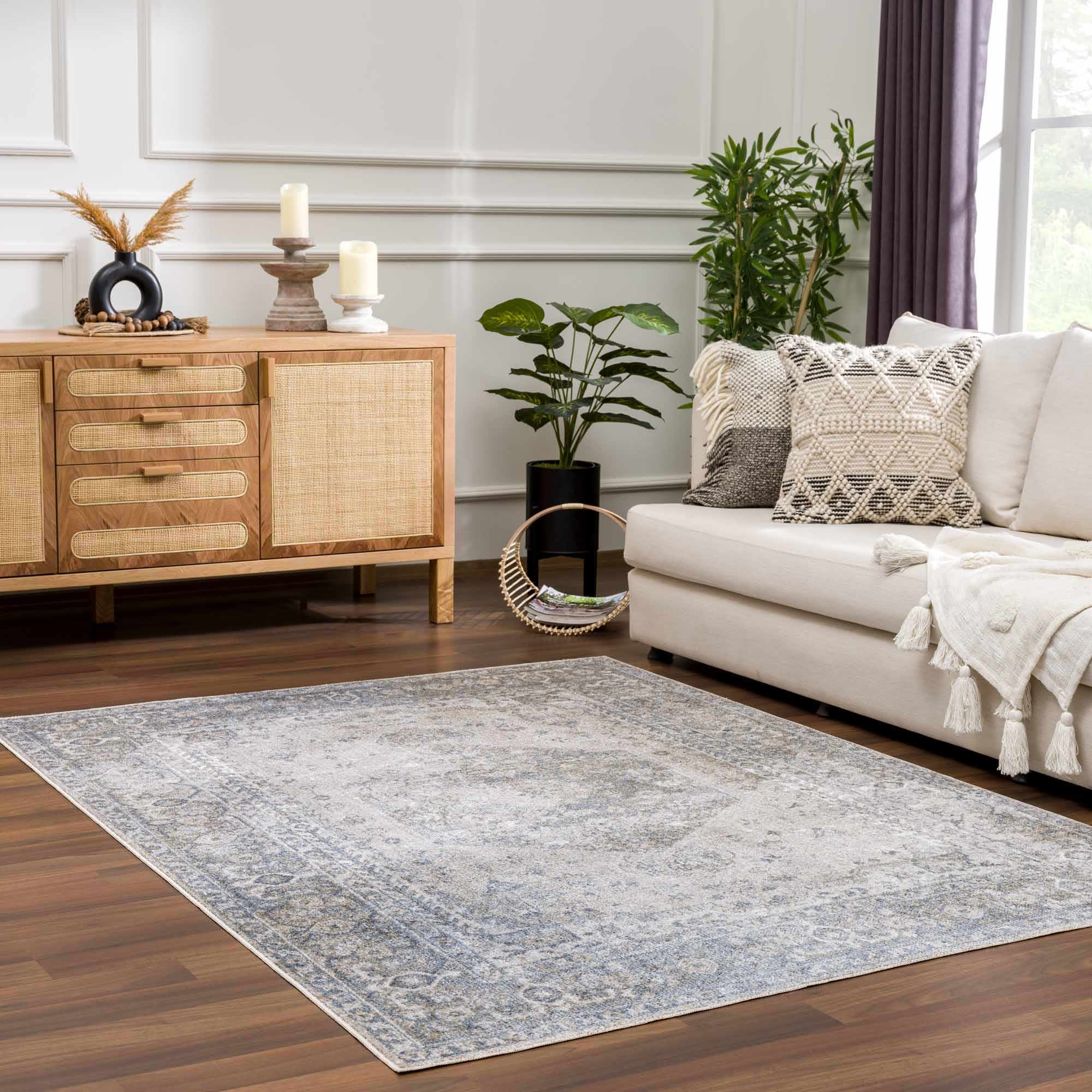 Antique Look Ivory And Blue Medallion Washable Area Rug - Image 2