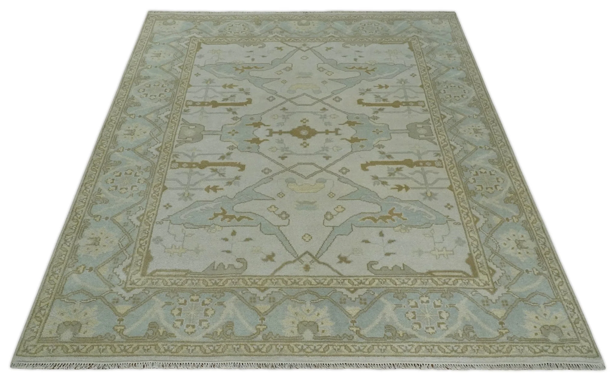 Antique Ivory, Silver and Beige Hand Knotted 8x10 Oriental Oushak Wool Area Rug, Living Room Rug | TRDCP1161810 - Image 10