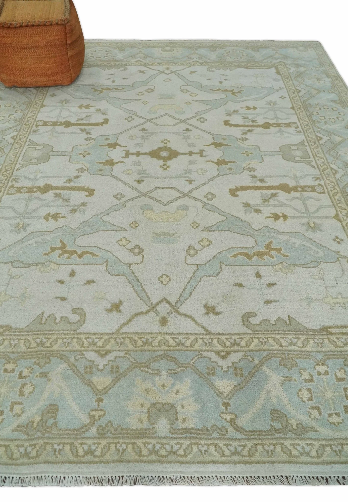 Antique Ivory, Silver and Beige Hand Knotted 8x10 Oriental Oushak Wool Area Rug, Living Room Rug | TRDCP1161810 - Image 3