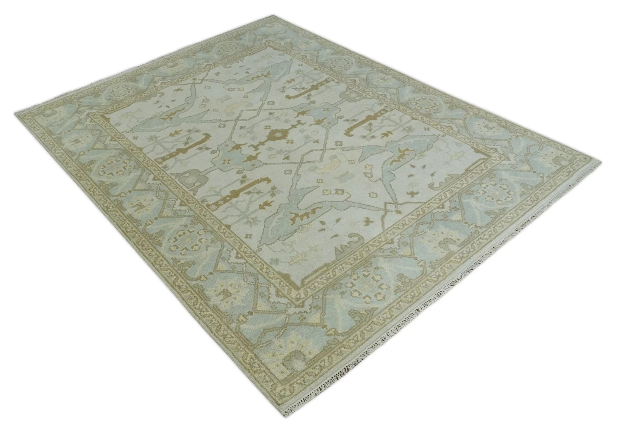 Antique Ivory, Silver and Beige Hand Knotted 8x10 Oriental Oushak Wool Area Rug, Living Room Rug | TRDCP1161810 - Image 9