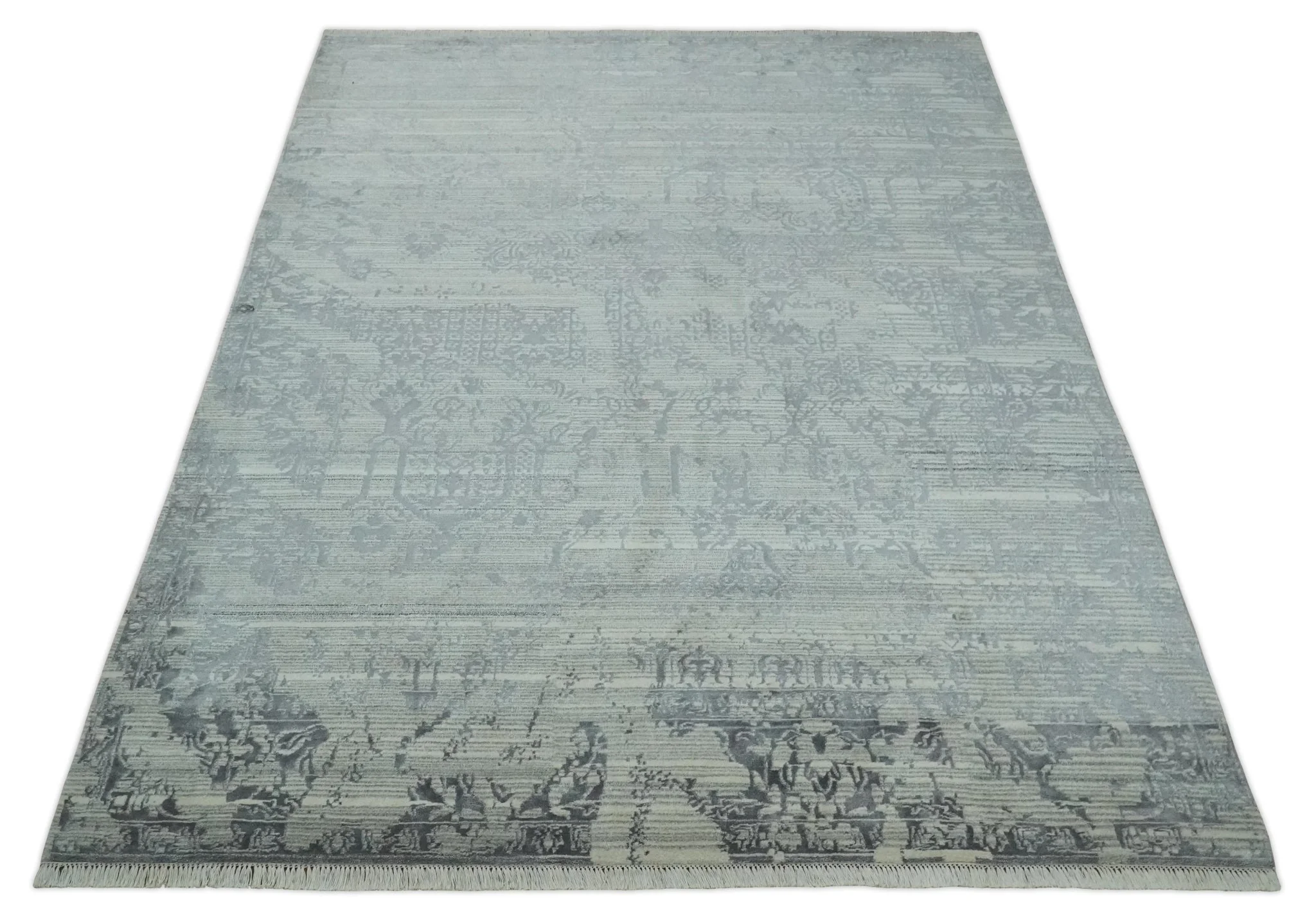 Antique Style transitional 8x11 Beige and Charcoal hand knotted Wool and art silk Area Rug - Image 10