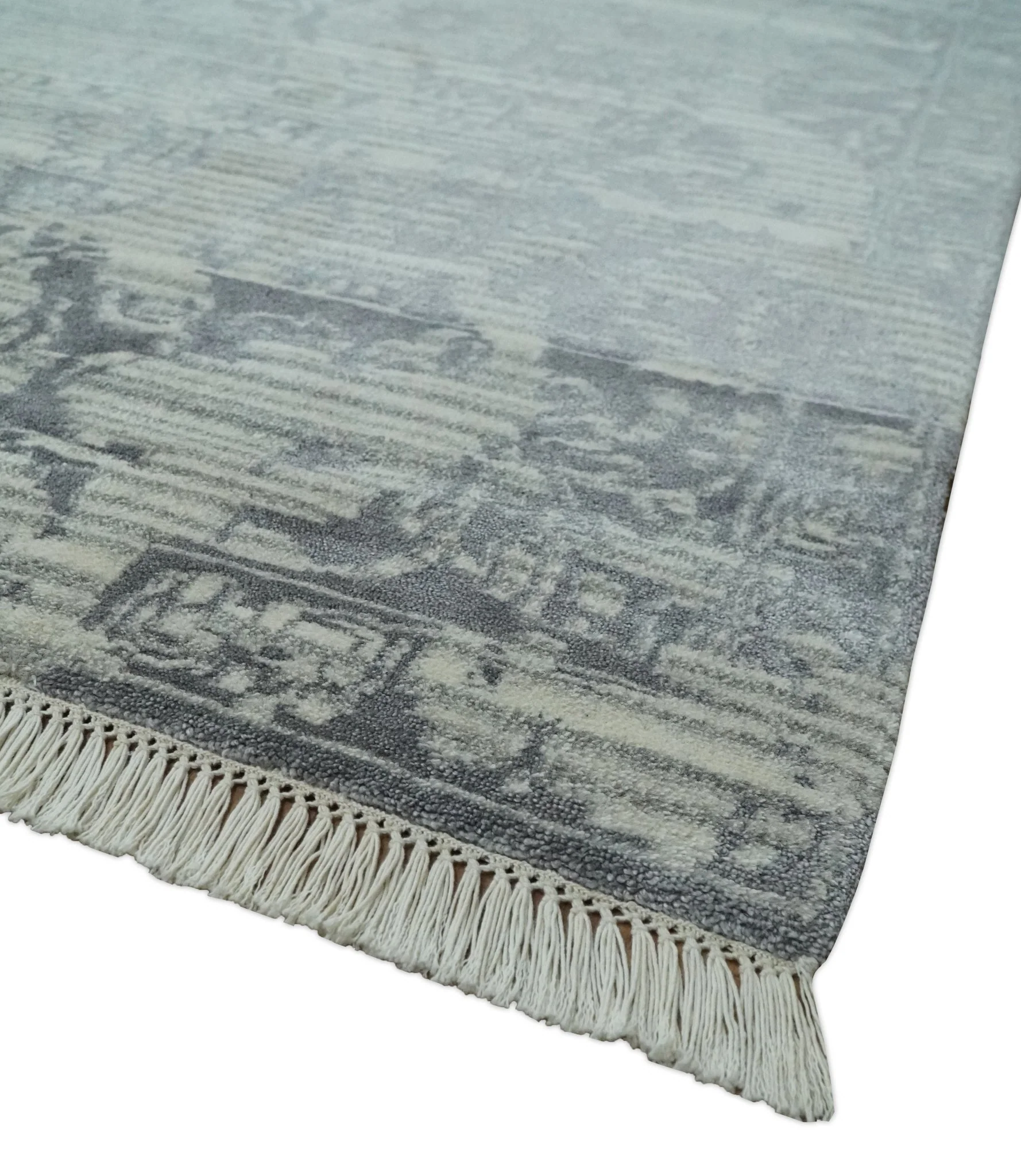 Antique Style transitional 8x11 Beige and Charcoal hand knotted Wool and art silk Area Rug - Image 5