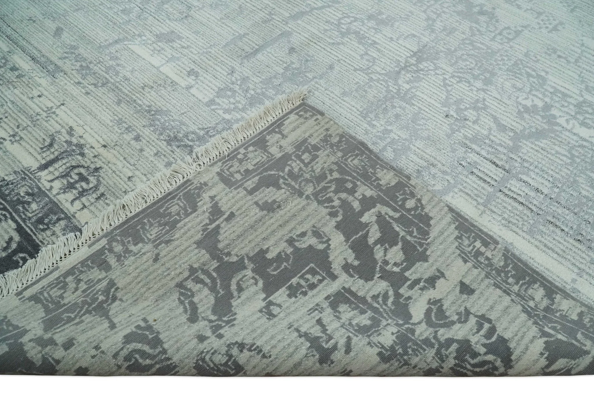 Antique Style transitional 8x11 Beige and Charcoal hand knotted Wool and art silk Area Rug - Image 8