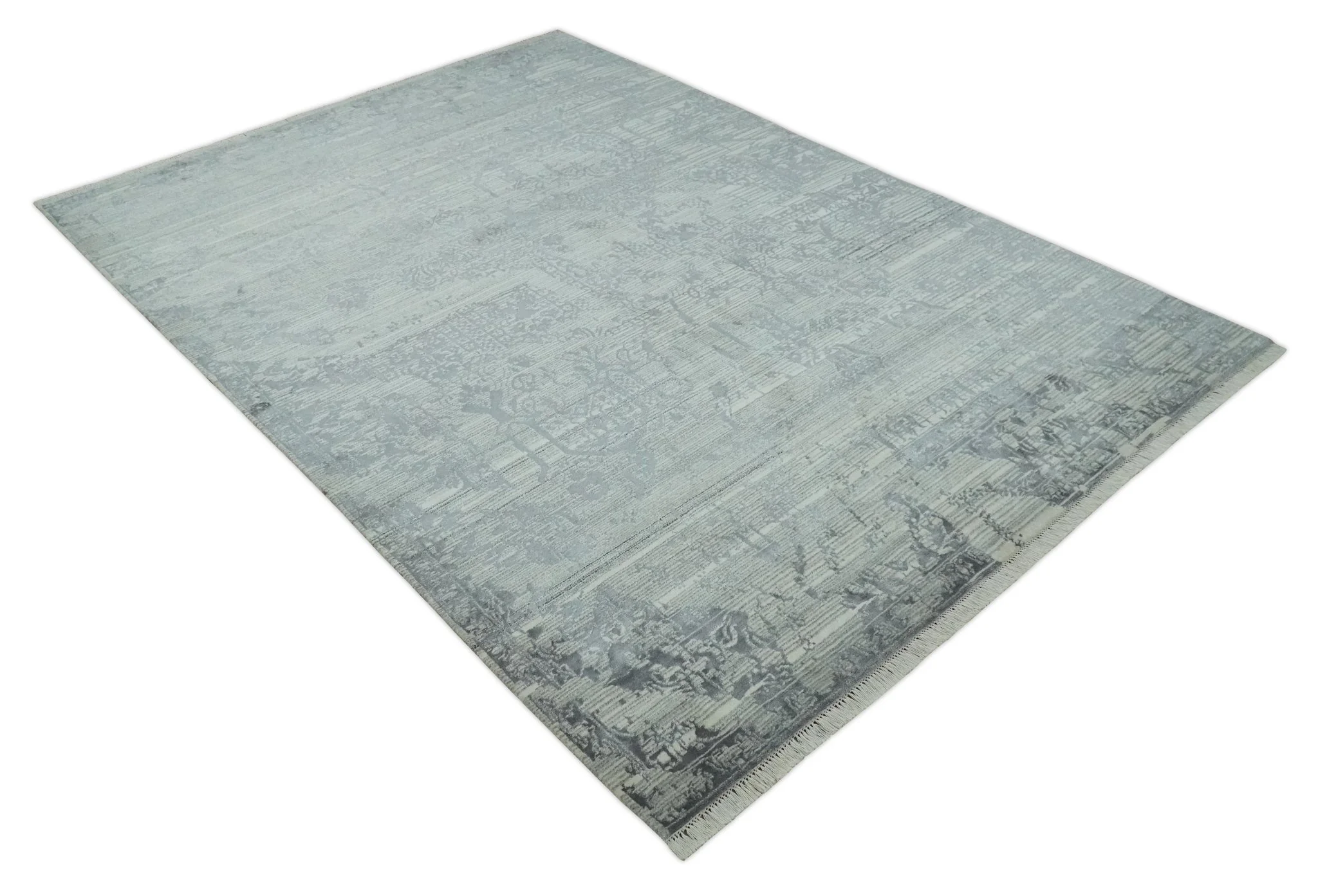 Antique Style transitional 8x11 Beige and Charcoal hand knotted Wool and art silk Area Rug - Image 9