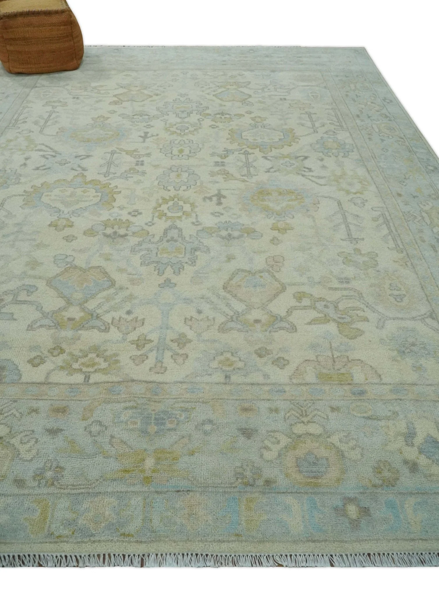 Antique style Beige and Gray Hand knotted 9x12 Oushak wool Area Rug - Image 10