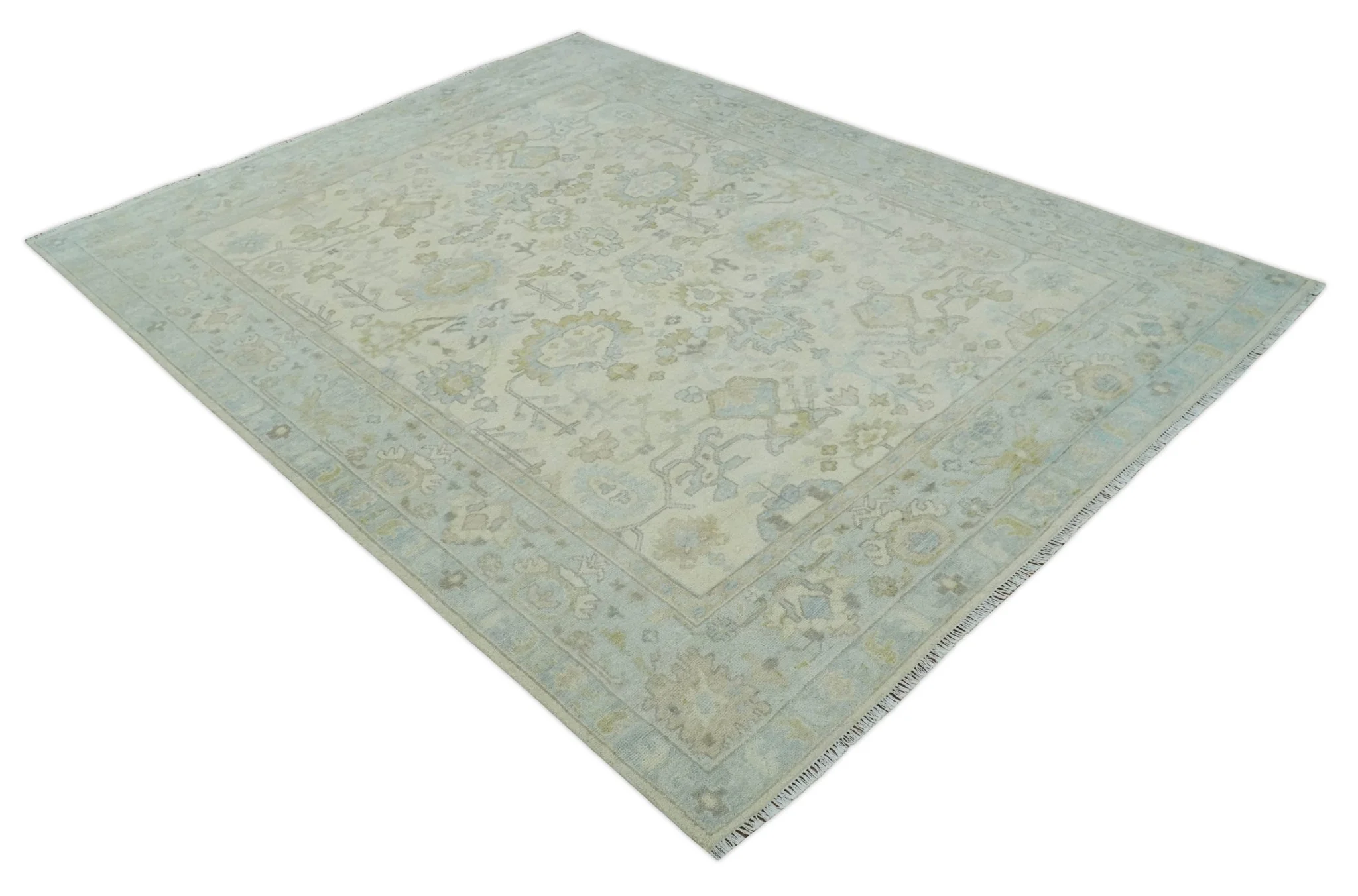 Antique style Beige and Gray Hand knotted 9x12 Oushak wool Area Rug - Image 3