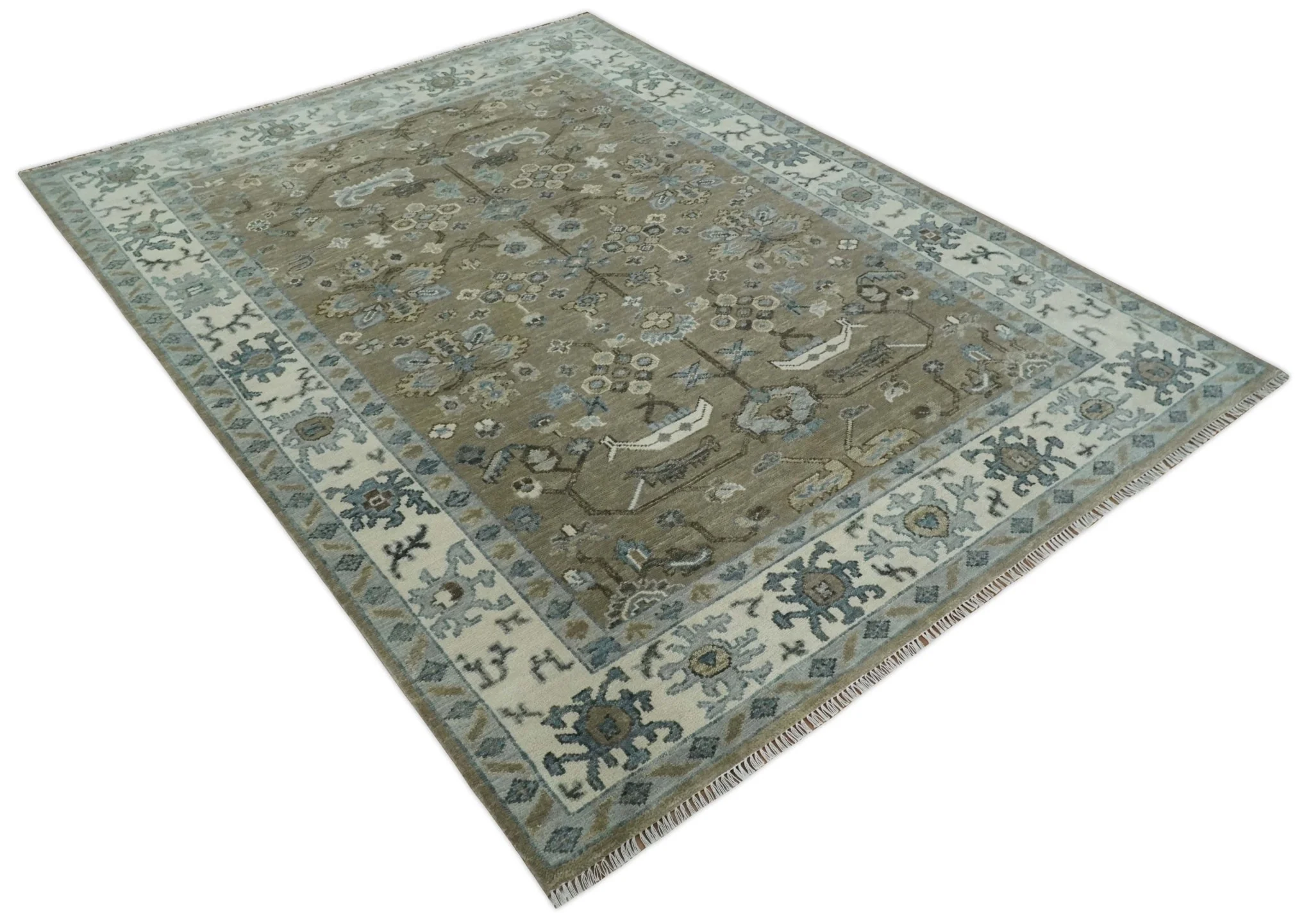 Hand Knotted Beige, Ivory and Silver Oriental Oushak 9x12 Traditional Wool Area Rug - Image 9