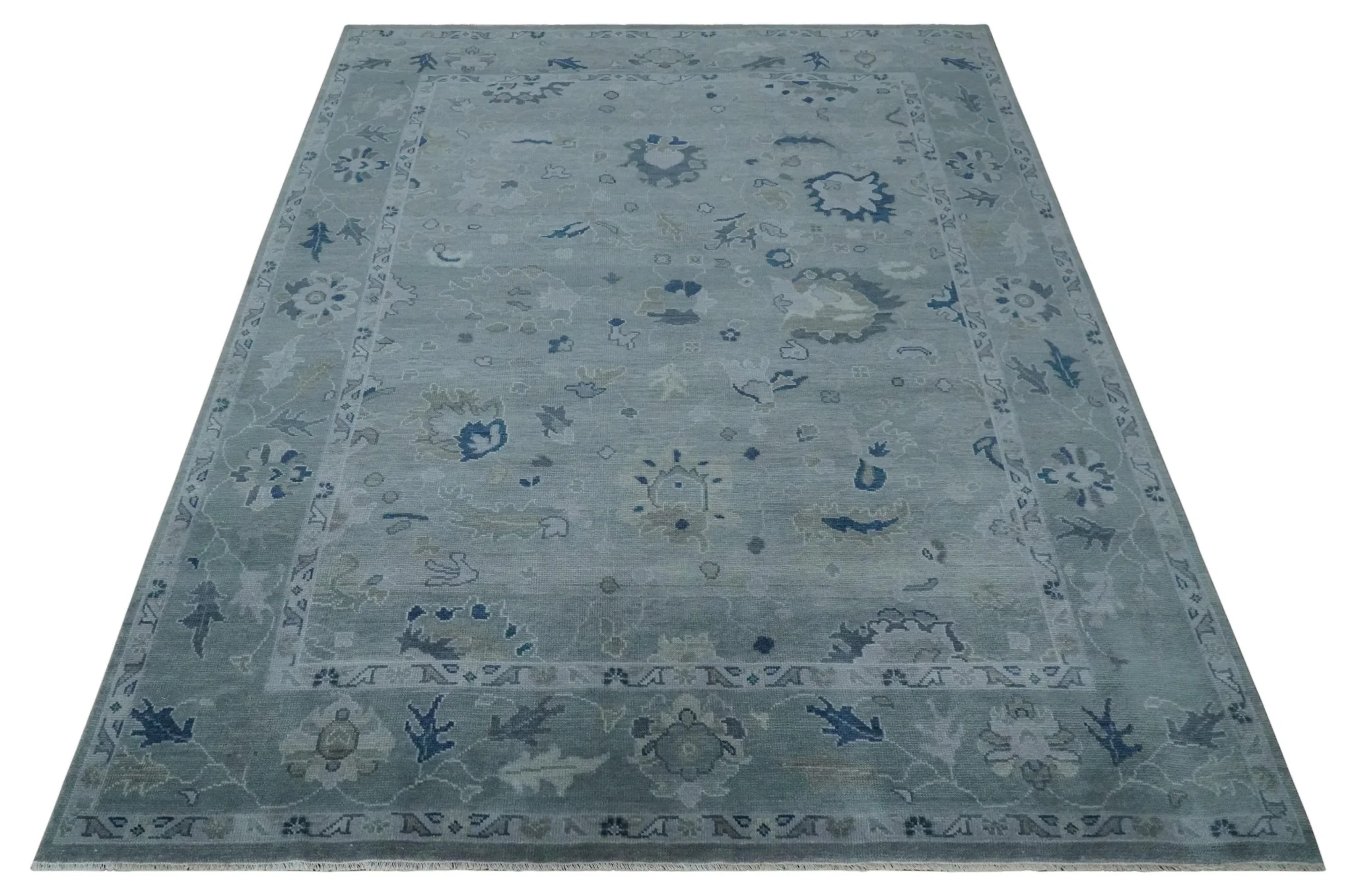 Custom made Antique style Blue and Silver Hand Knotted Oushak Wool Area Rug - Image 10