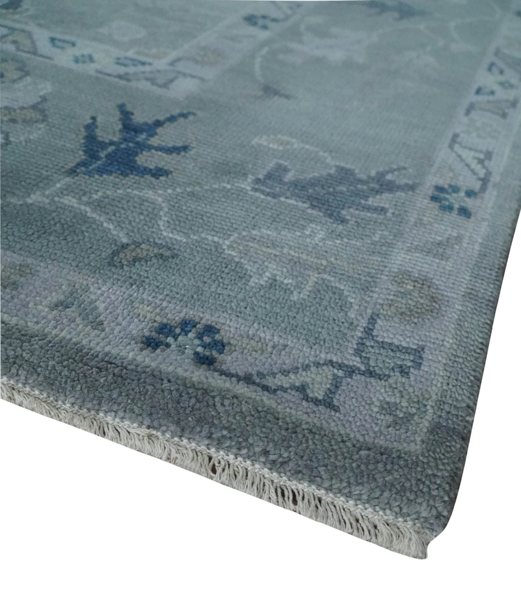 Custom made Antique style Blue and Silver Hand Knotted Oushak Wool Area Rug - Image 5
