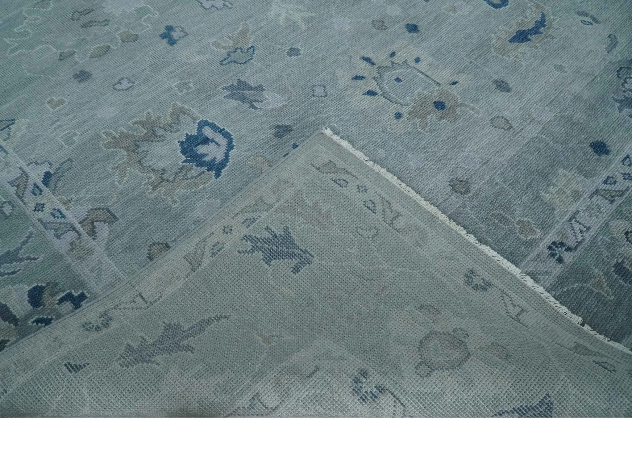 Custom made Antique style Blue and Silver Hand Knotted Oushak Wool Area Rug - Image 8