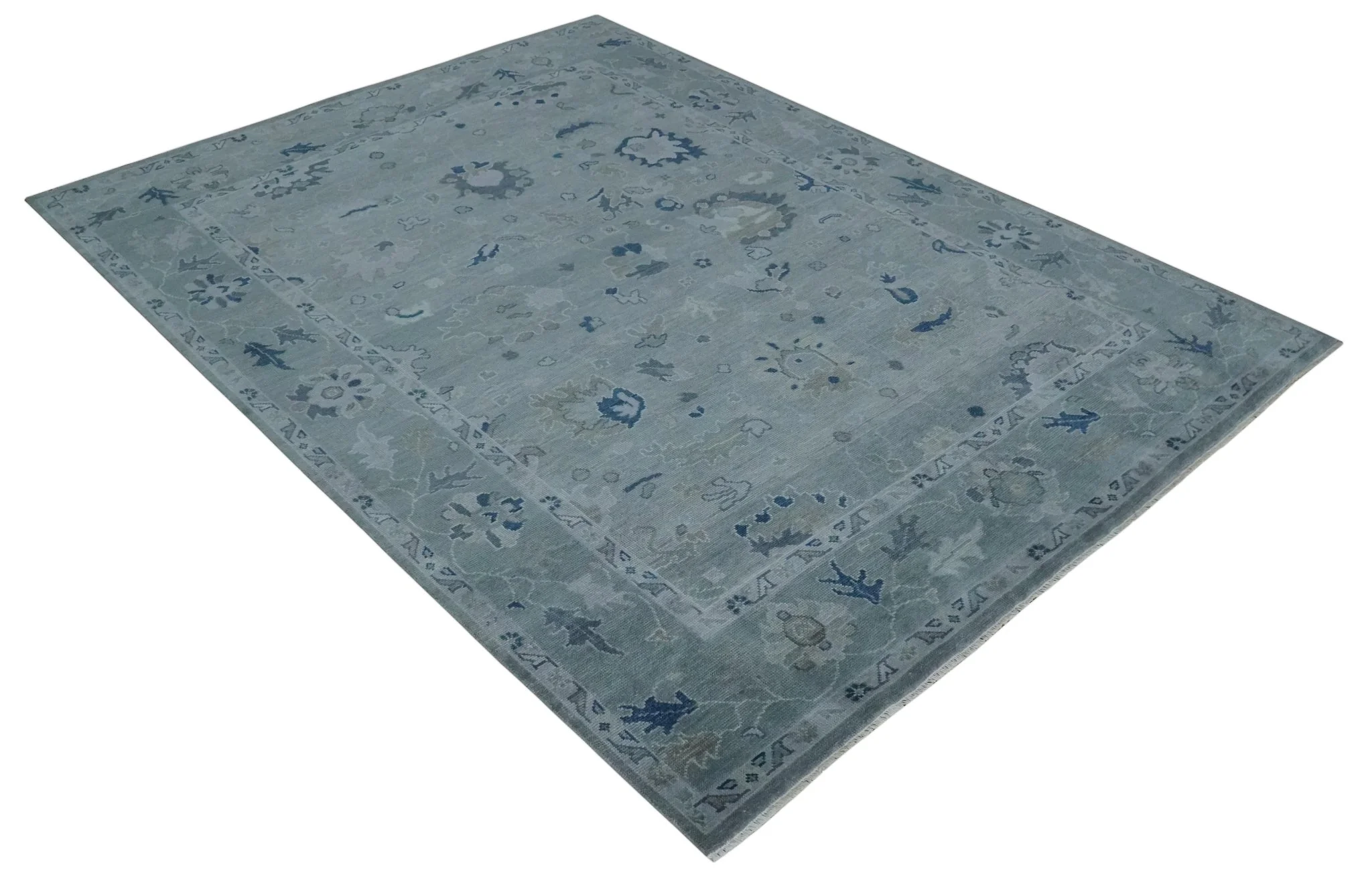 Custom made Antique style Blue and Silver Hand Knotted Oushak Wool Area Rug - Image 9