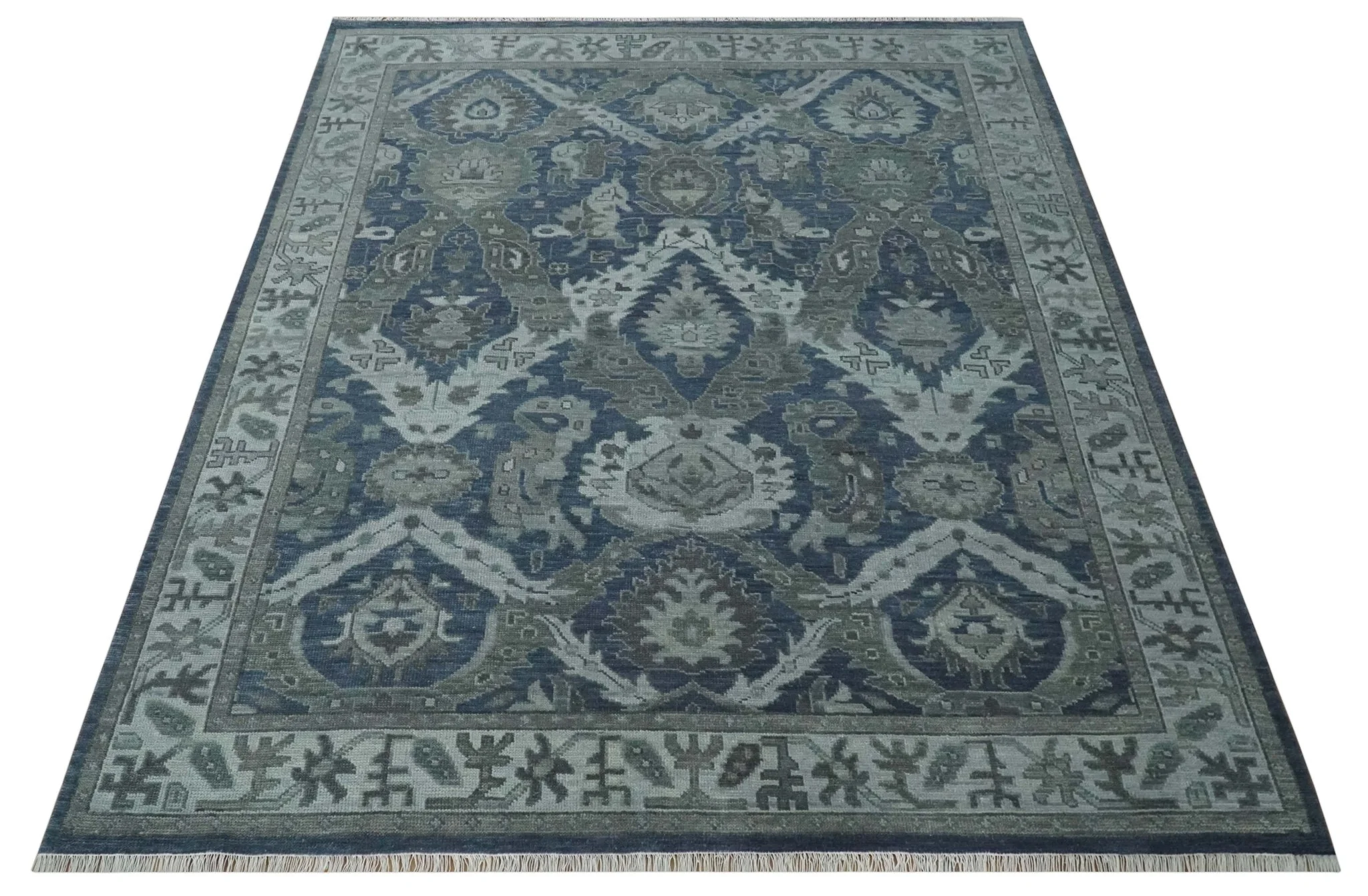 Antique style Blue, Charcoal and Silver Hand Knotted dragon Oushak Wool Area Rug - Image 10