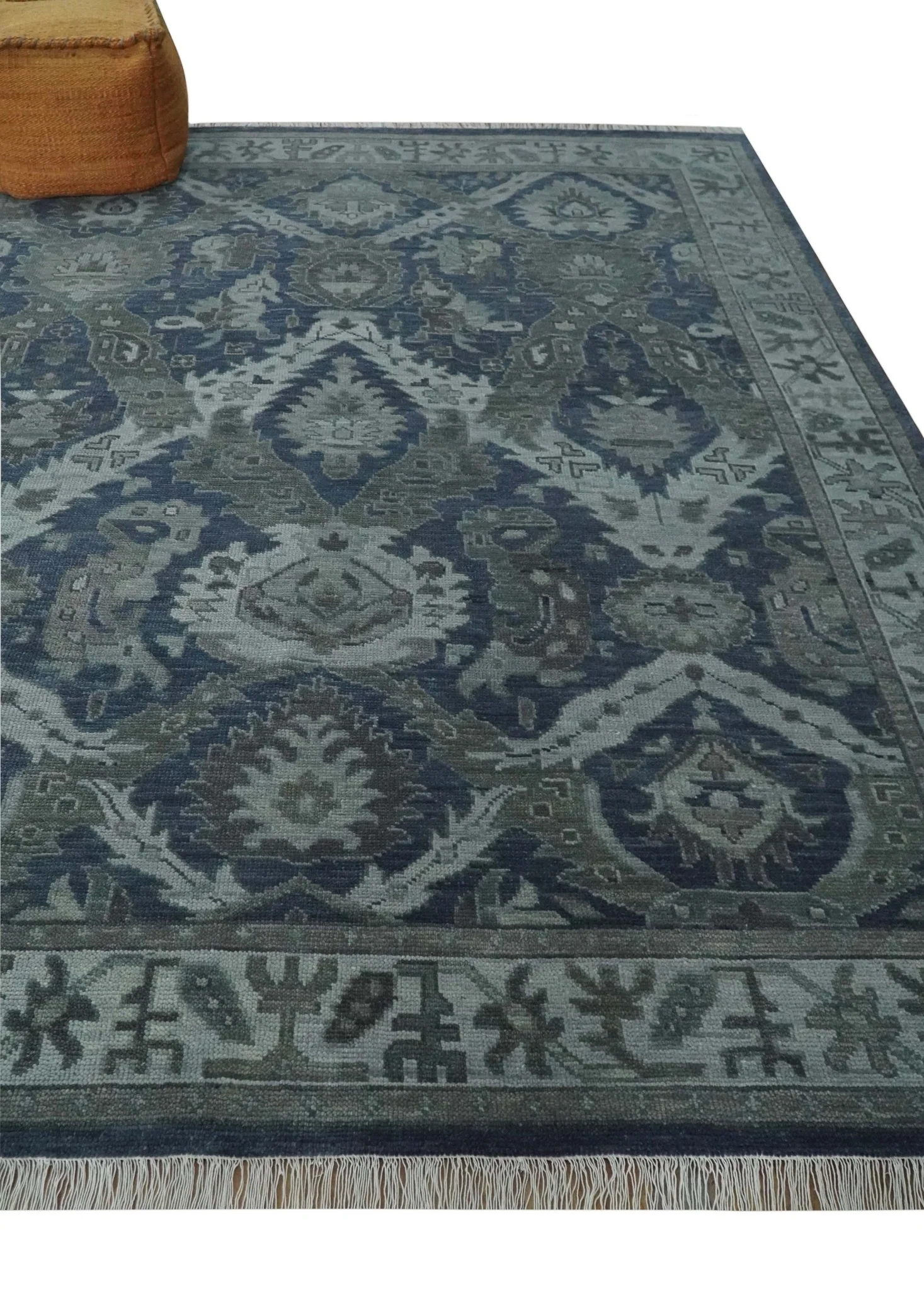 Antique style Blue, Charcoal and Silver Hand Knotted dragon Oushak Wool Area Rug - Image 3