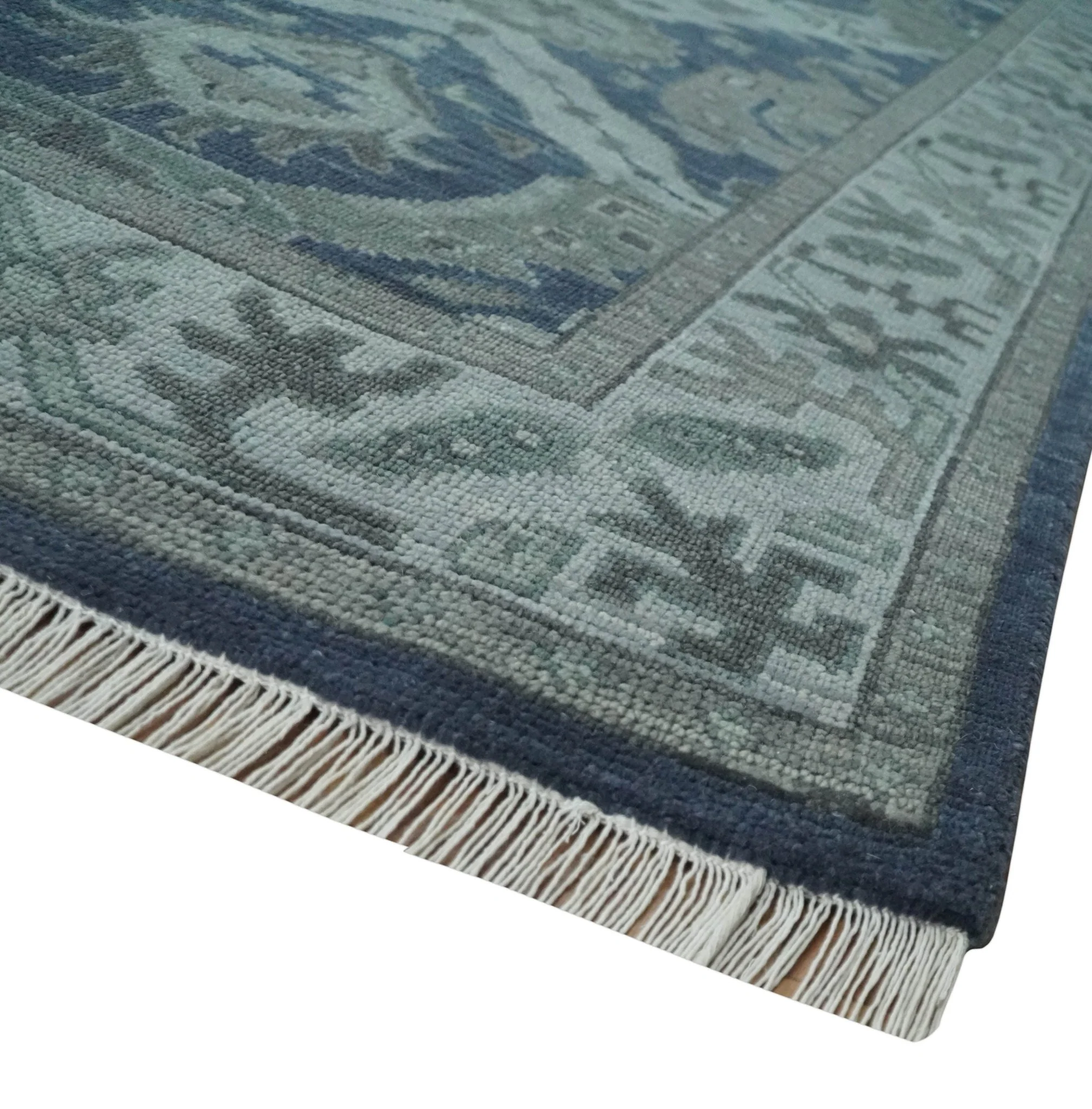 Antique style Blue, Charcoal and Silver Hand Knotted dragon Oushak Wool Area Rug - Image 5