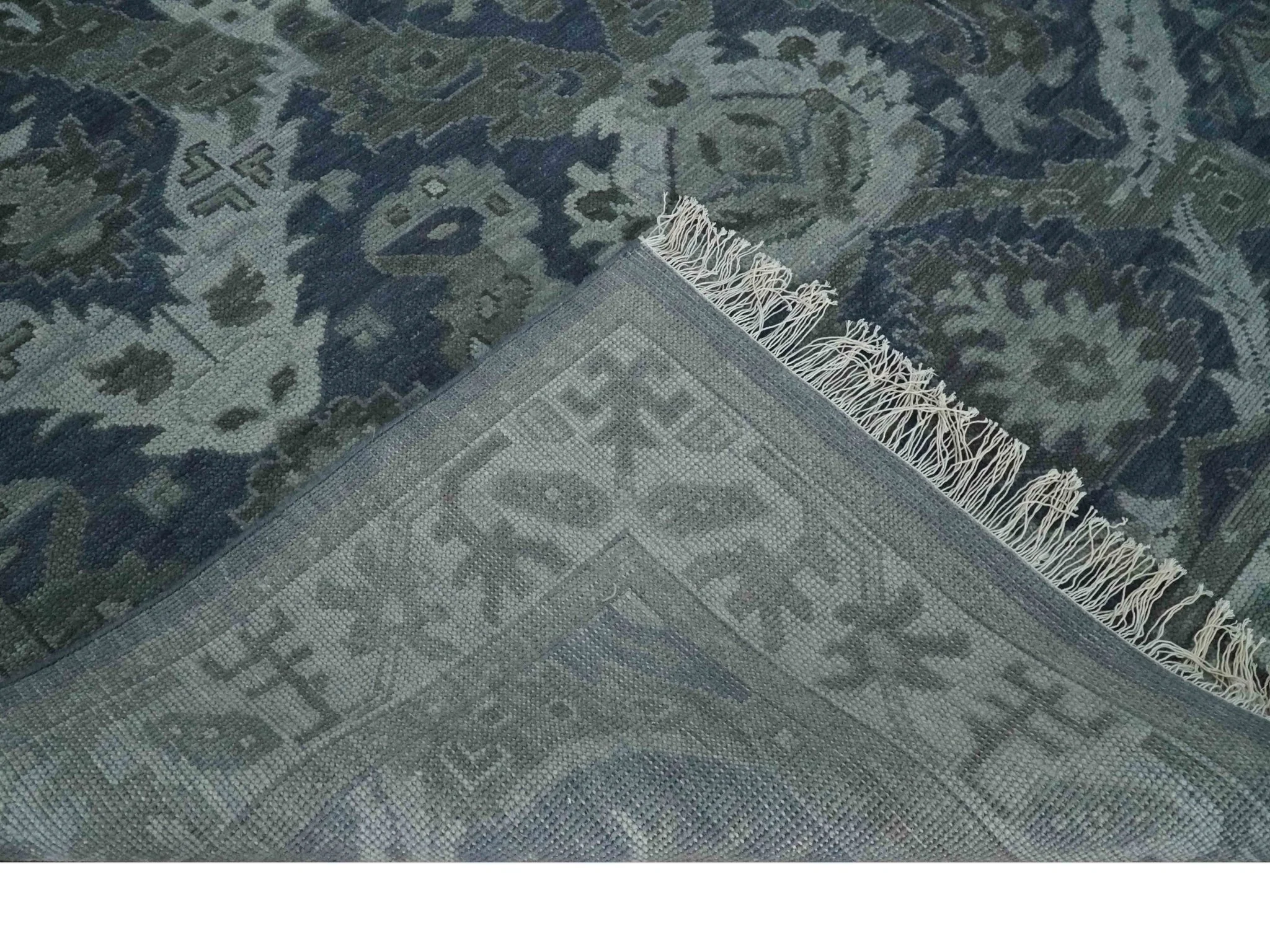 Antique style Blue, Charcoal and Silver Hand Knotted dragon Oushak Wool Area Rug - Image 7