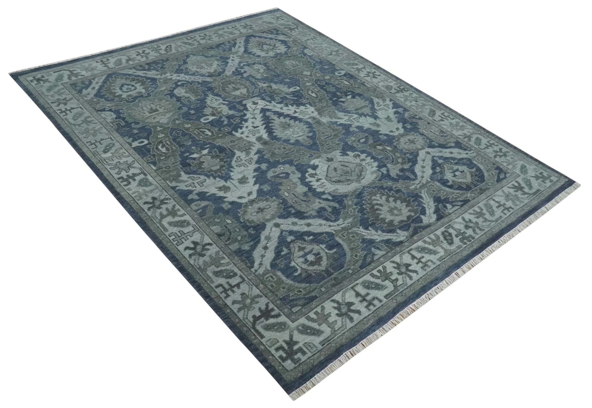 Antique style Blue, Charcoal and Silver Hand Knotted dragon Oushak Wool Area Rug - Image 9