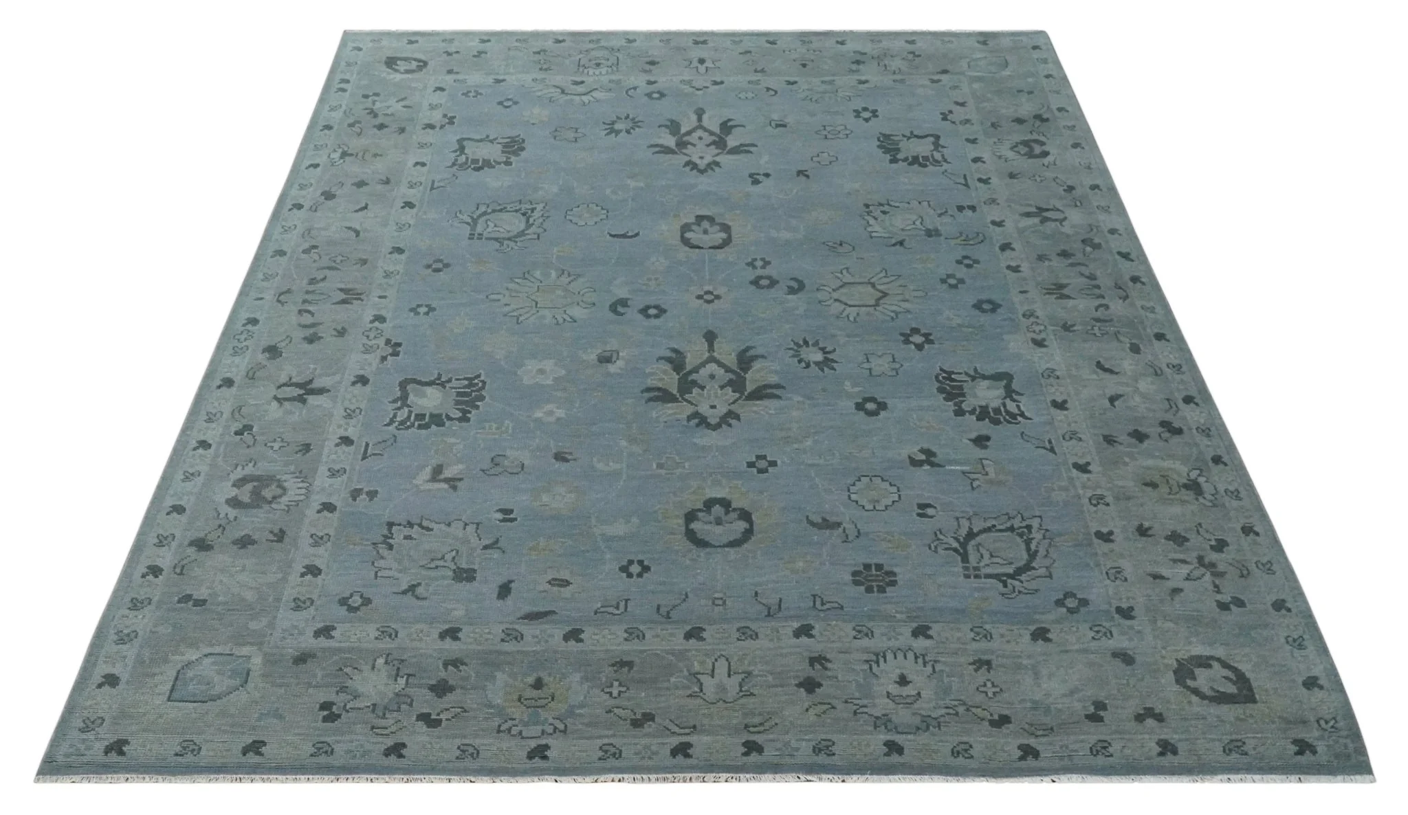 Antique style Blue, Silver and Charcoal Hand Knotted Oushak Wool Area Rug - Image 10