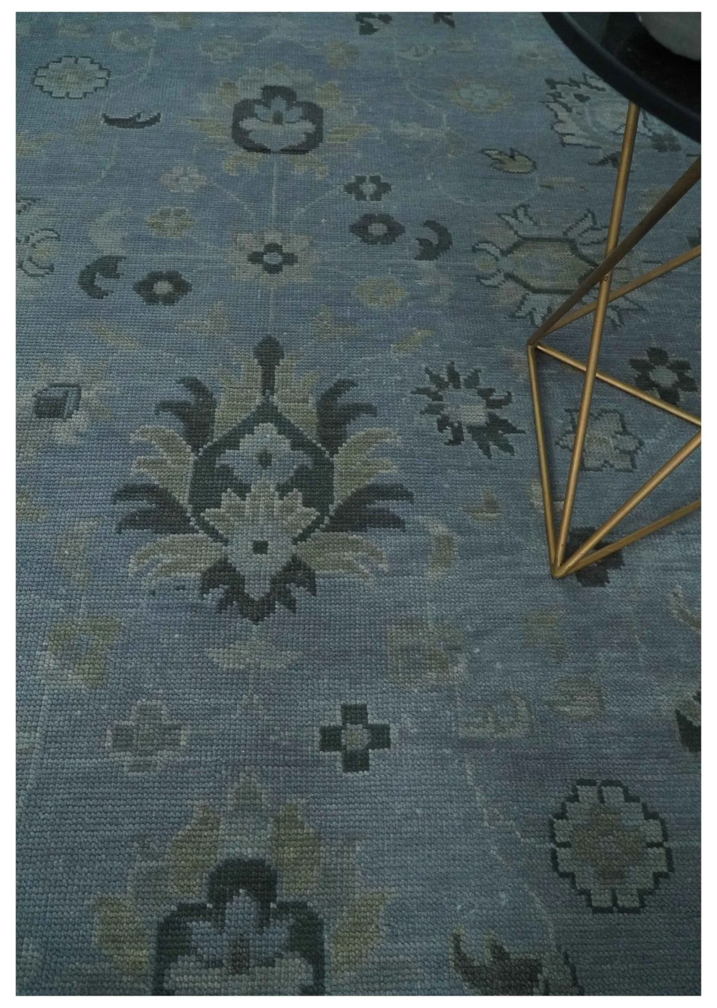 Antique style Blue, Silver and Charcoal Hand Knotted Oushak Wool Area Rug - Image 2