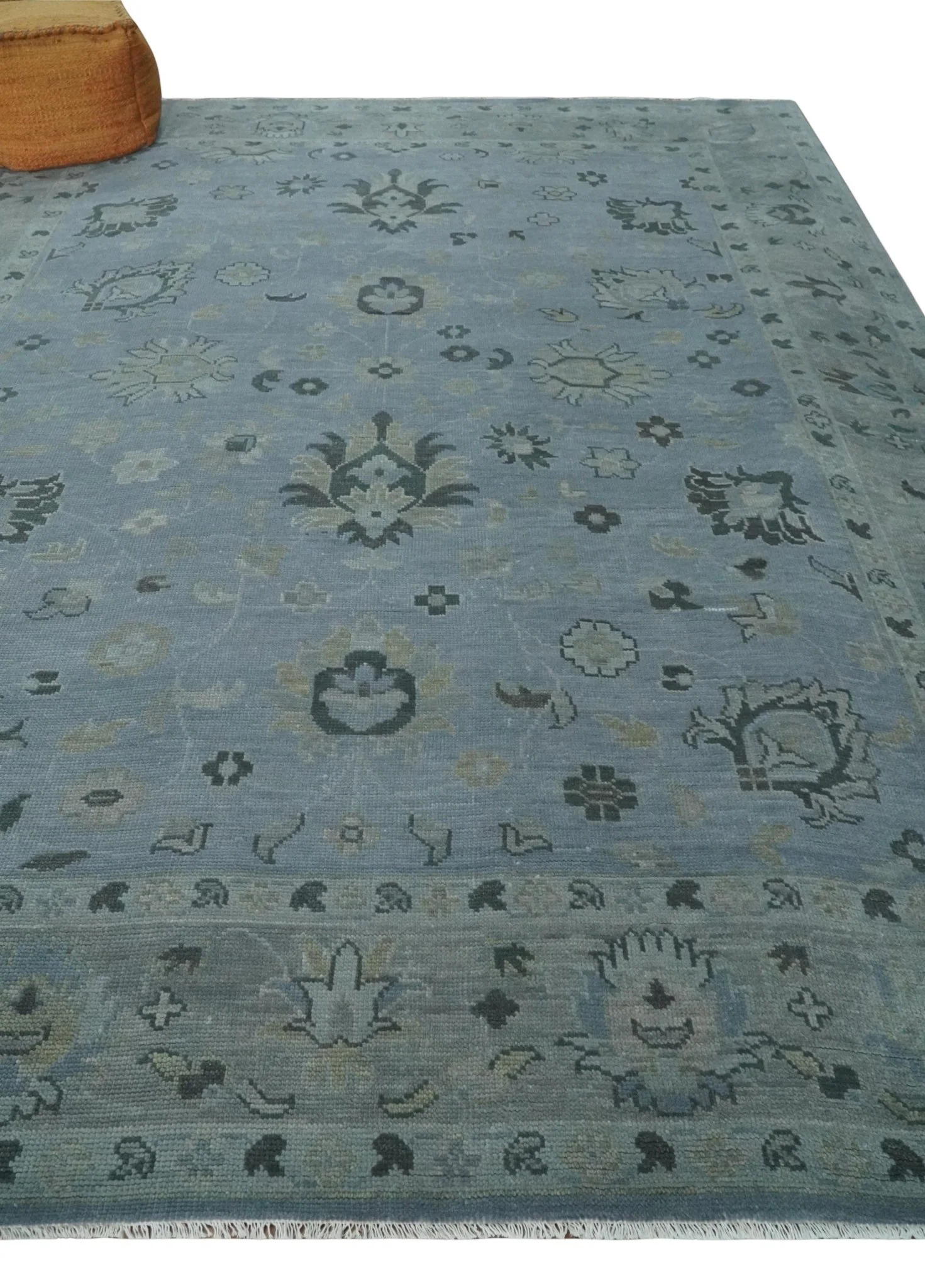 Antique style Blue, Silver and Charcoal Hand Knotted Oushak Wool Area Rug - Image 3