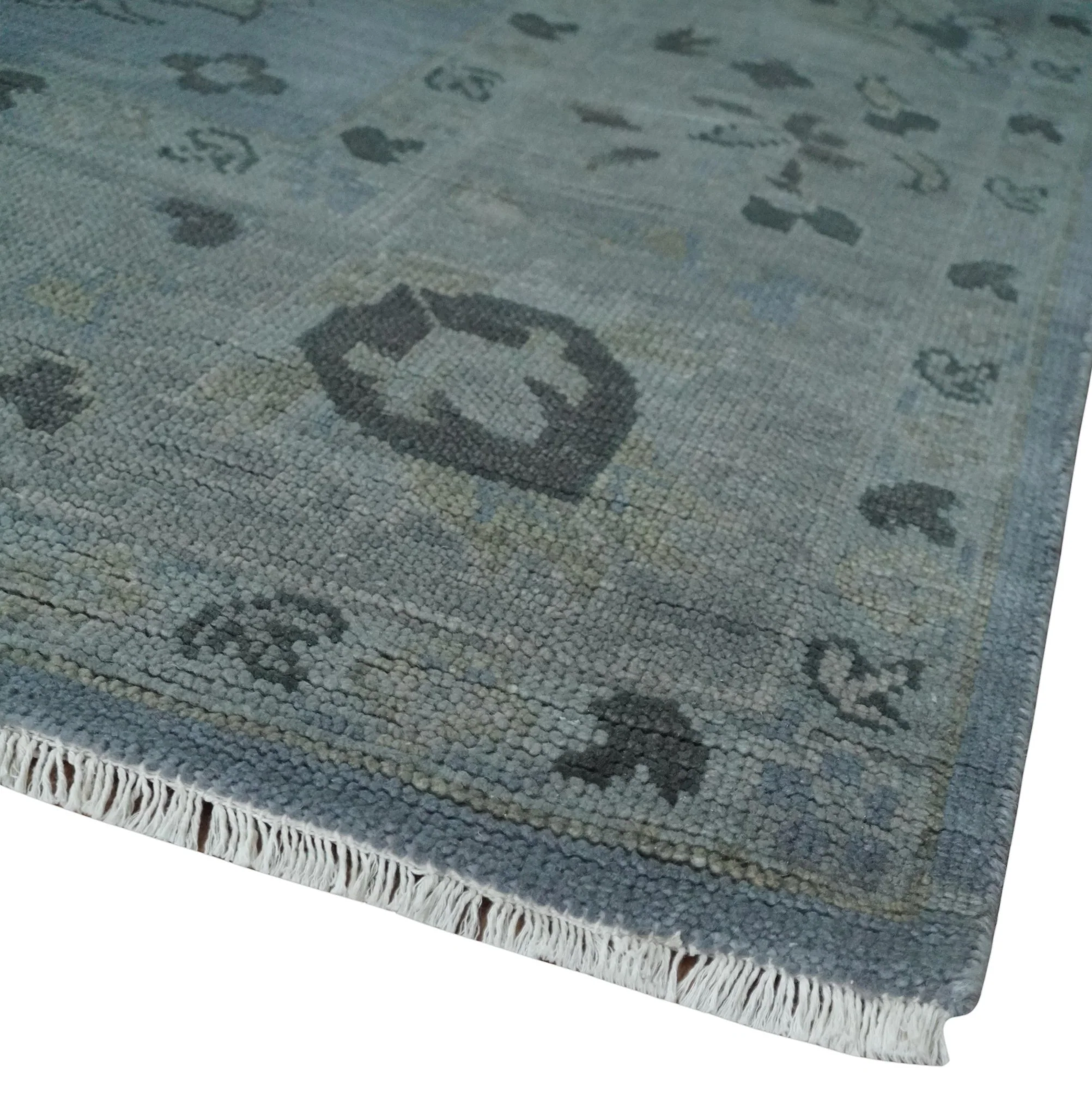 Antique style Blue, Silver and Charcoal Hand Knotted Oushak Wool Area Rug - Image 5