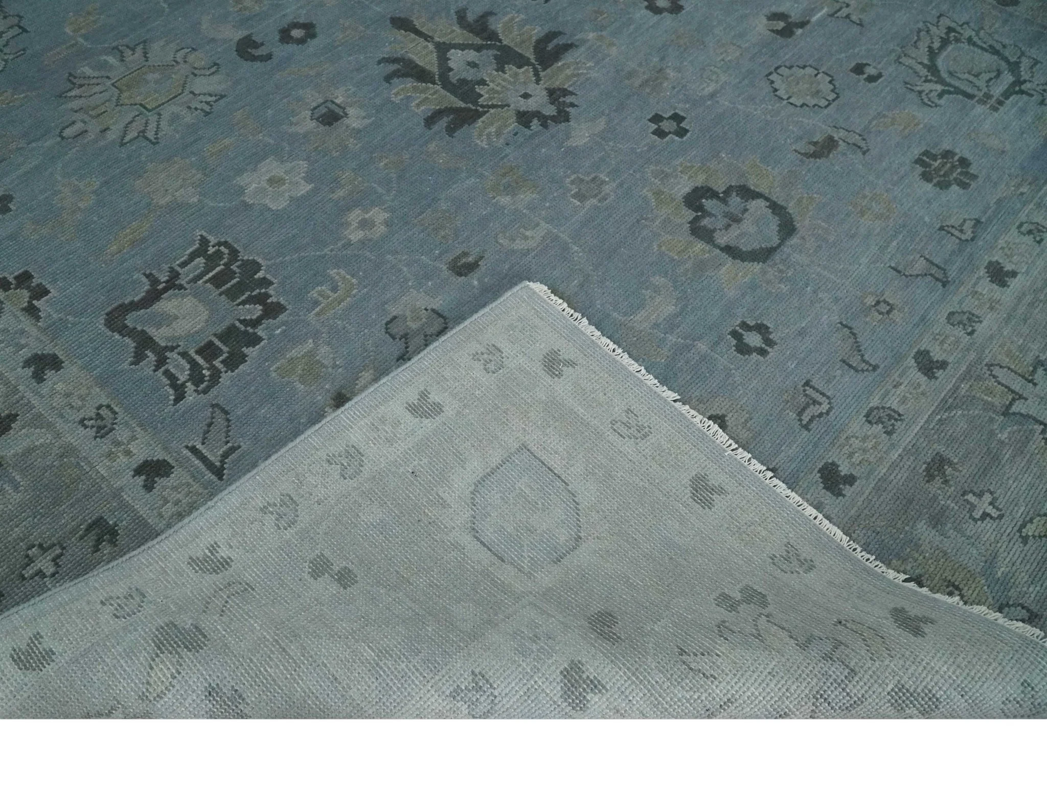 Antique style Blue, Silver and Charcoal Hand Knotted Oushak Wool Area Rug - Image 6