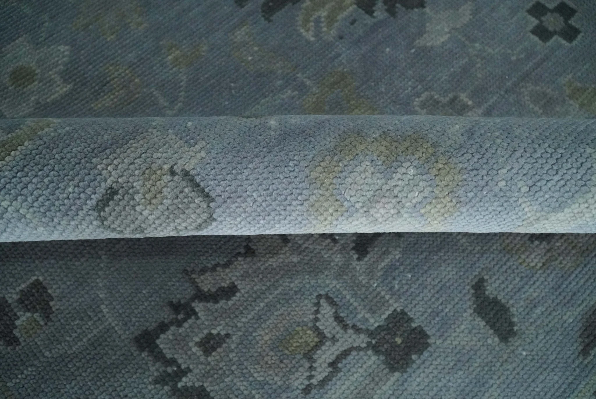 Antique style Blue, Silver and Charcoal Hand Knotted Oushak Wool Area Rug - Image 7