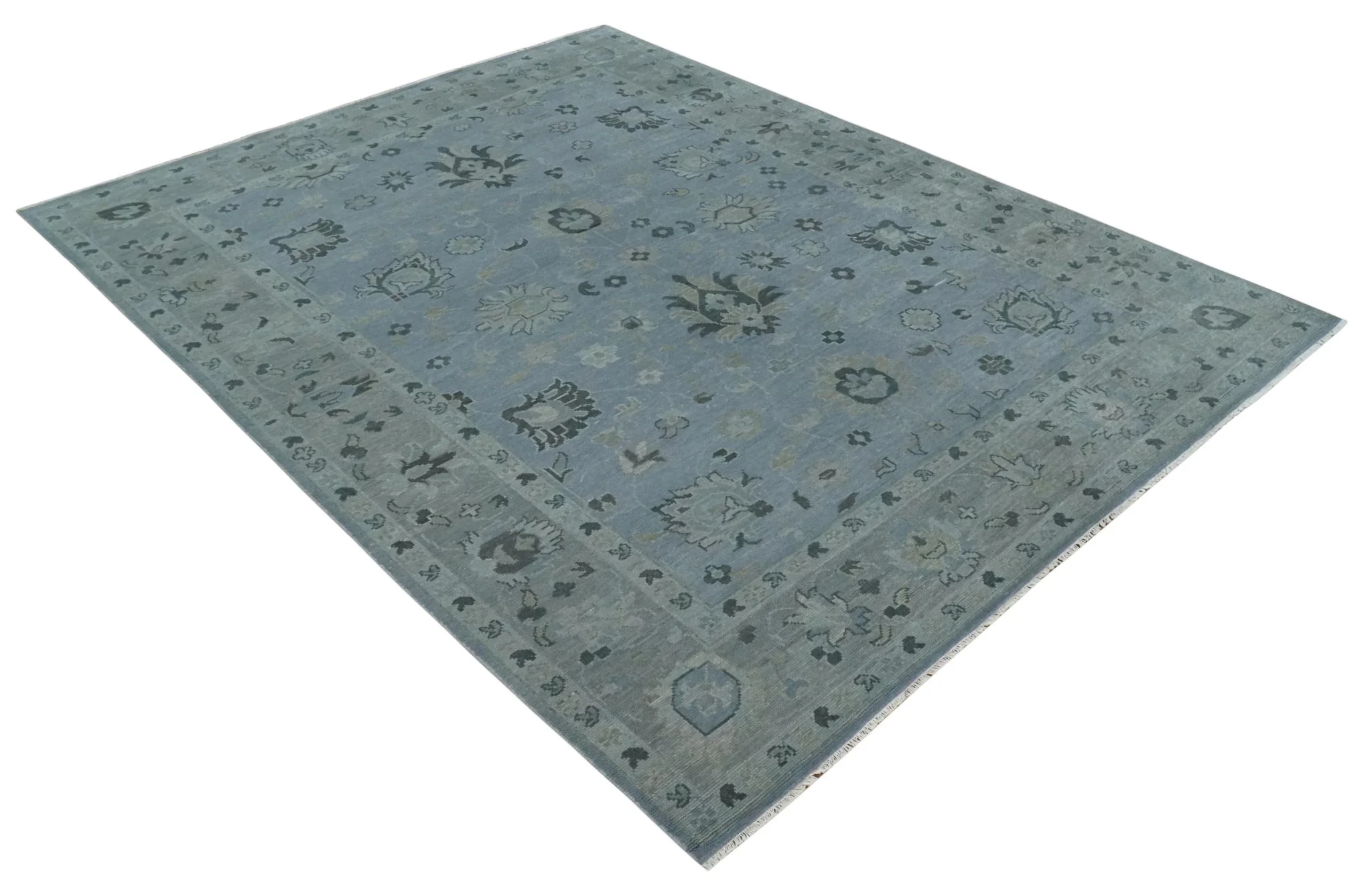 Antique style Blue, Silver and Charcoal Hand Knotted Oushak Wool Area Rug - Image 9