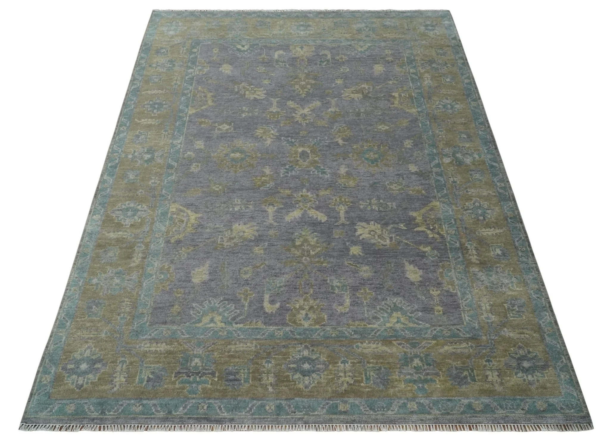 Antique look Charcoal and Olive Hand Knotted 9x12 Traditional Oushak Wool Area Rug - Image 3