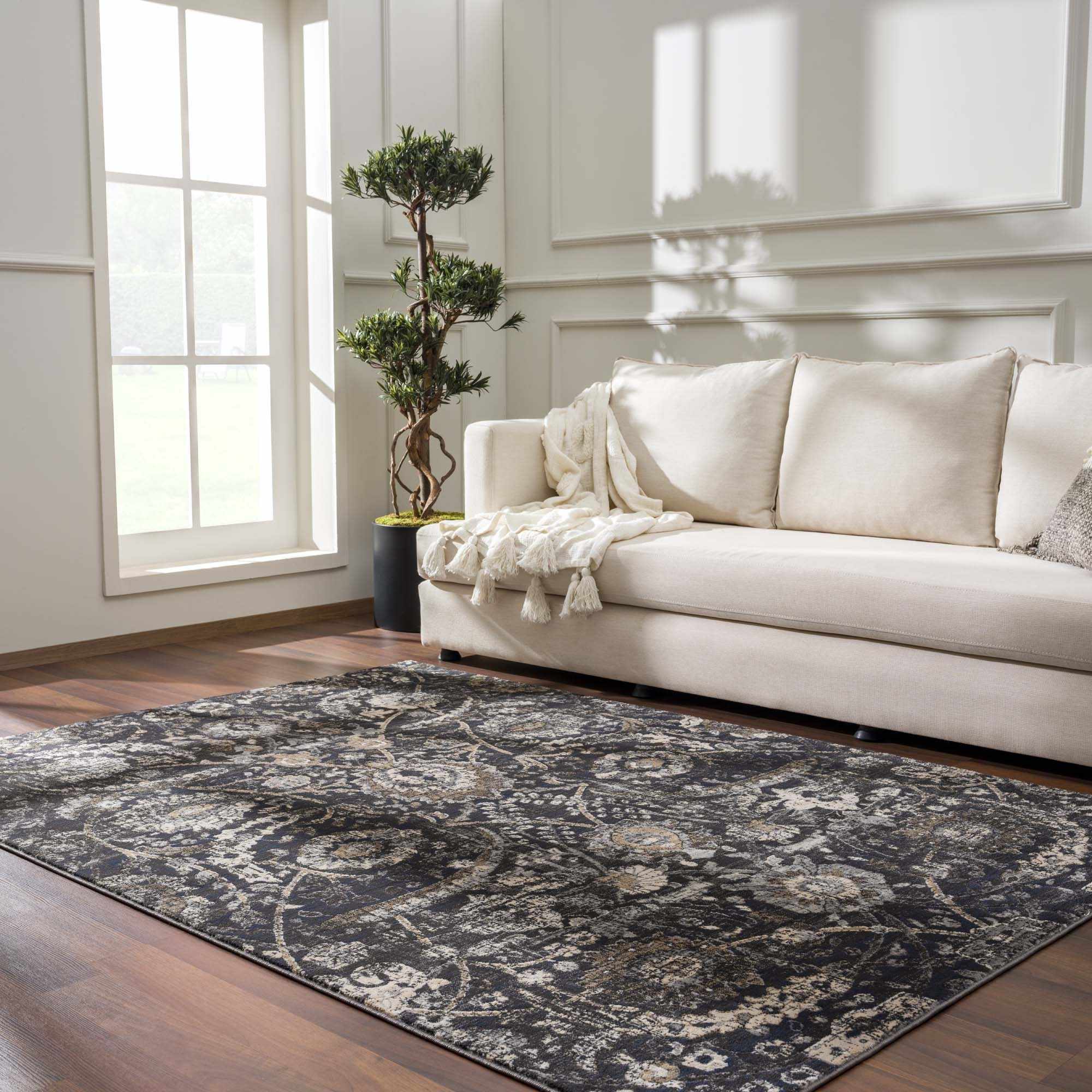 Vintage Style charcoal, Beige and Ivory Traditional oriental Oushak rug - Image 2