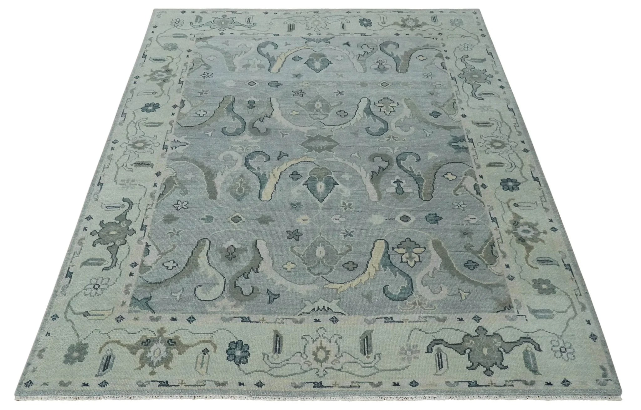 Antique Style Custom Made Charcoal, Silver and Green Hand Knotted Oriental Oushak Wool Area Rug - Image 10