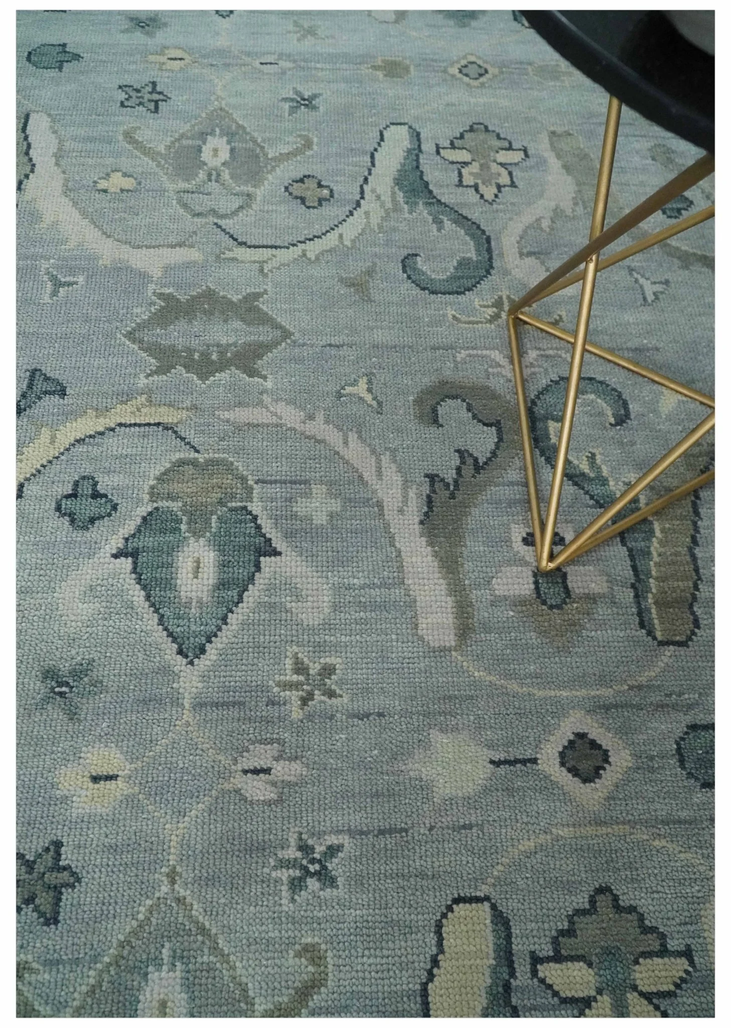 Antique Style Custom Made Charcoal, Silver and Green Hand Knotted Oriental Oushak Wool Area Rug - Image 2