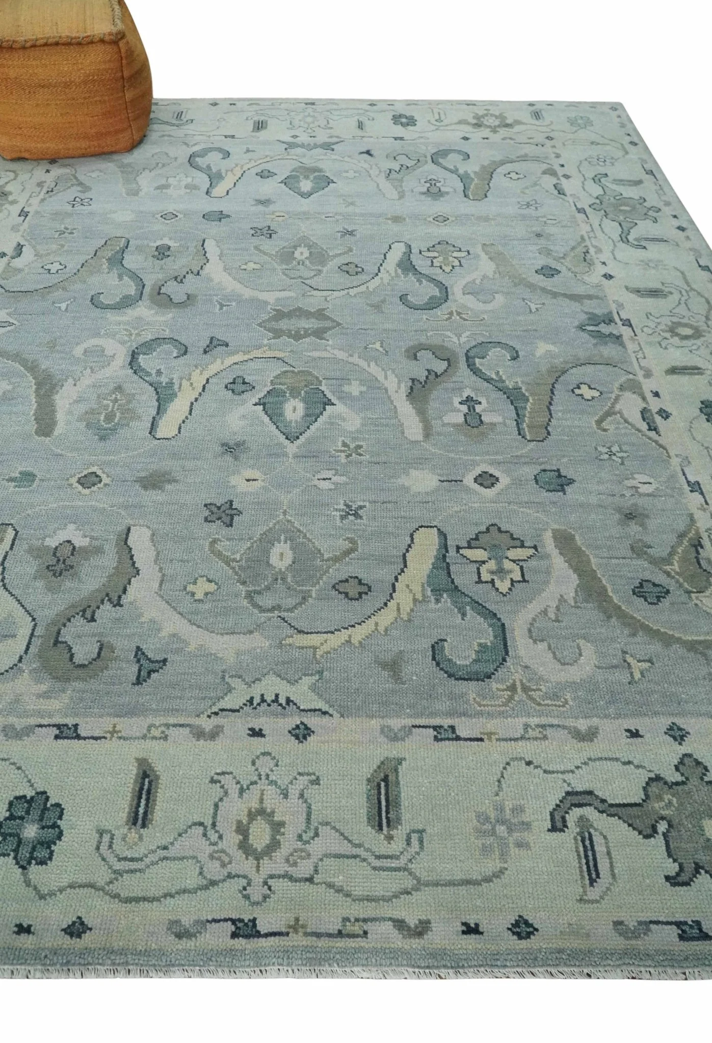 Antique Style Custom Made Charcoal, Silver and Green Hand Knotted Oriental Oushak Wool Area Rug - Image 3