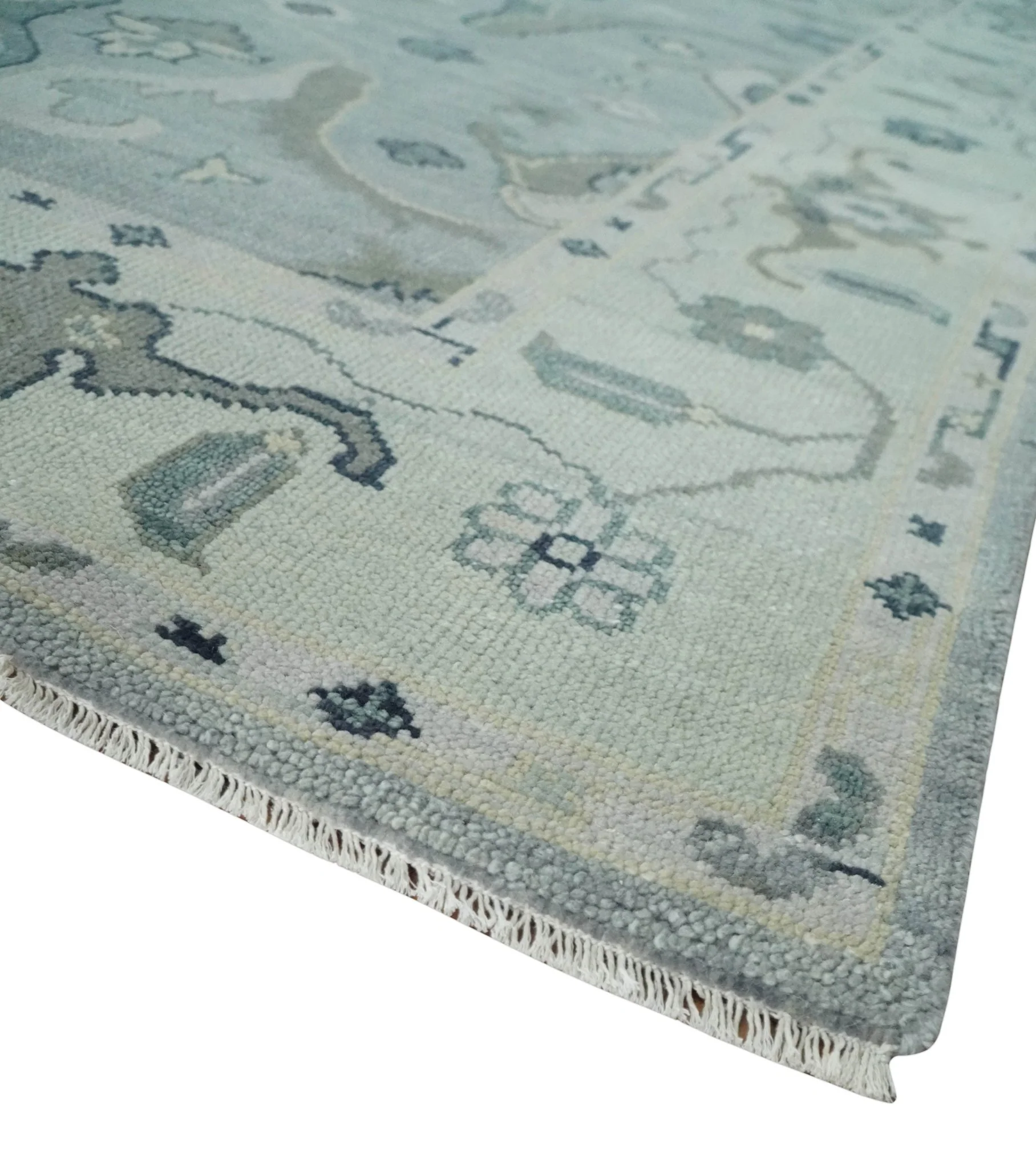 Antique Style Custom Made Charcoal, Silver and Green Hand Knotted Oriental Oushak Wool Area Rug - Image 5