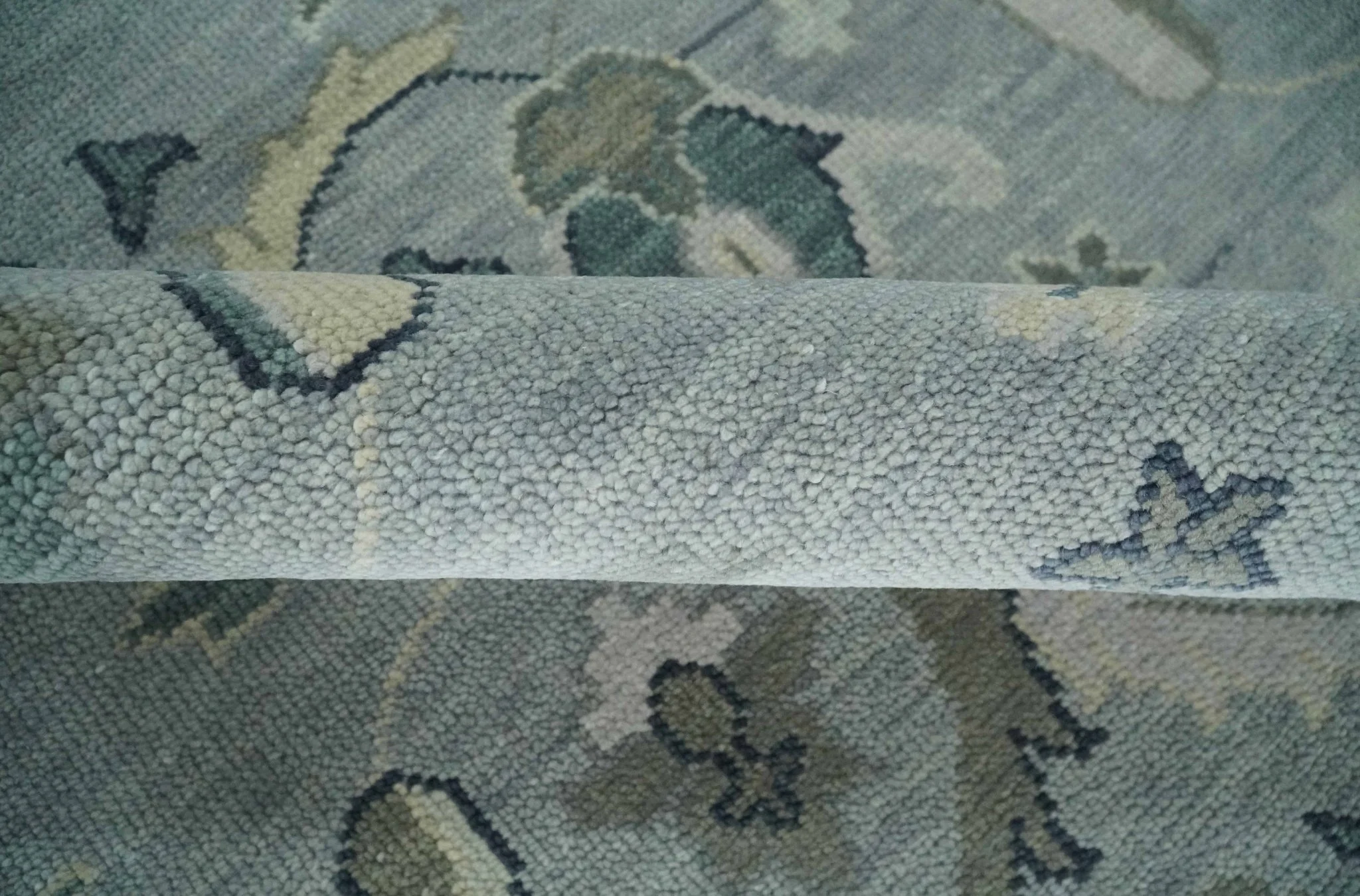 Antique Style Custom Made Charcoal, Silver and Green Hand Knotted Oriental Oushak Wool Area Rug - Image 6
