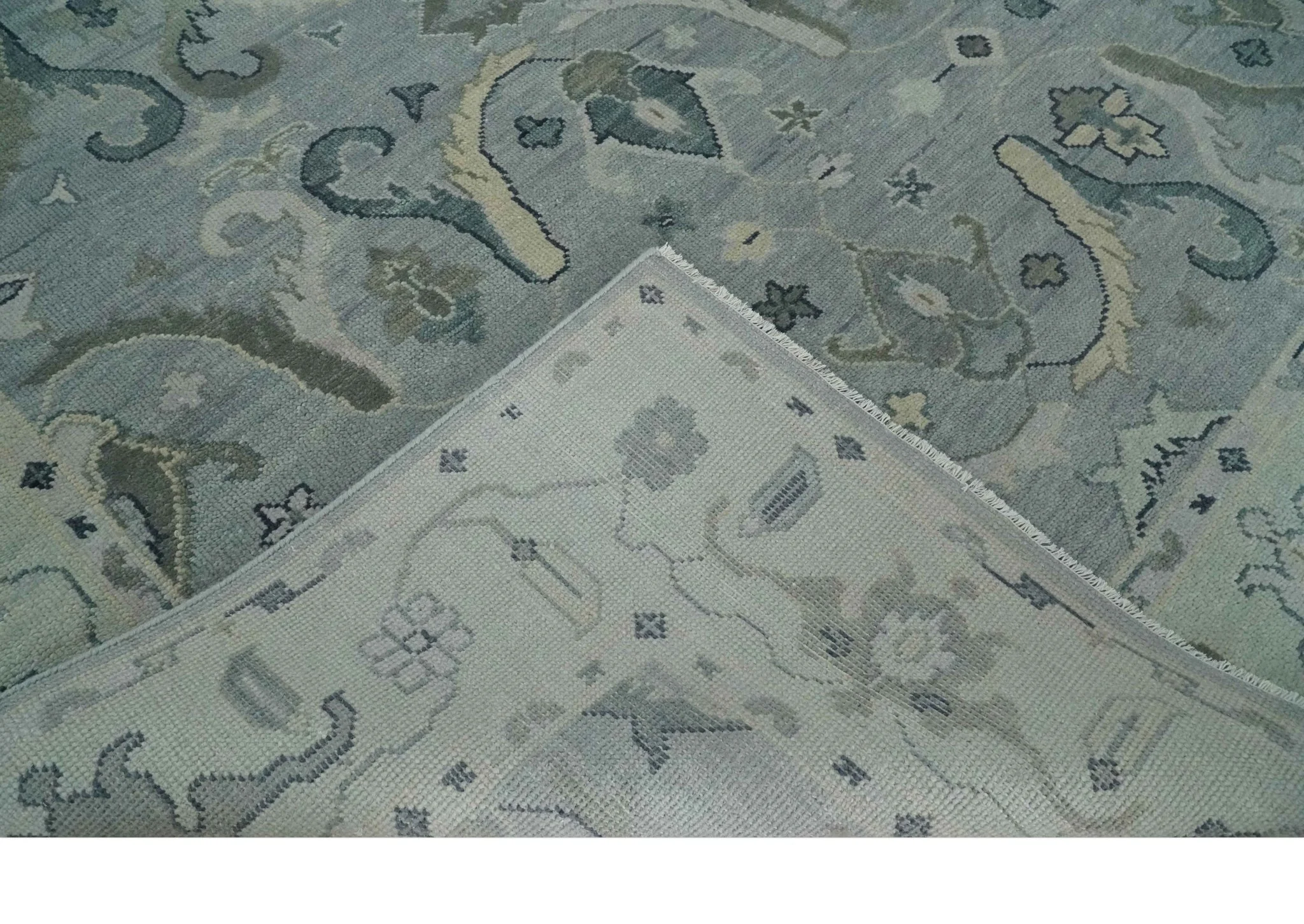 Antique Style Custom Made Charcoal, Silver and Green Hand Knotted Oriental Oushak Wool Area Rug - Image 7