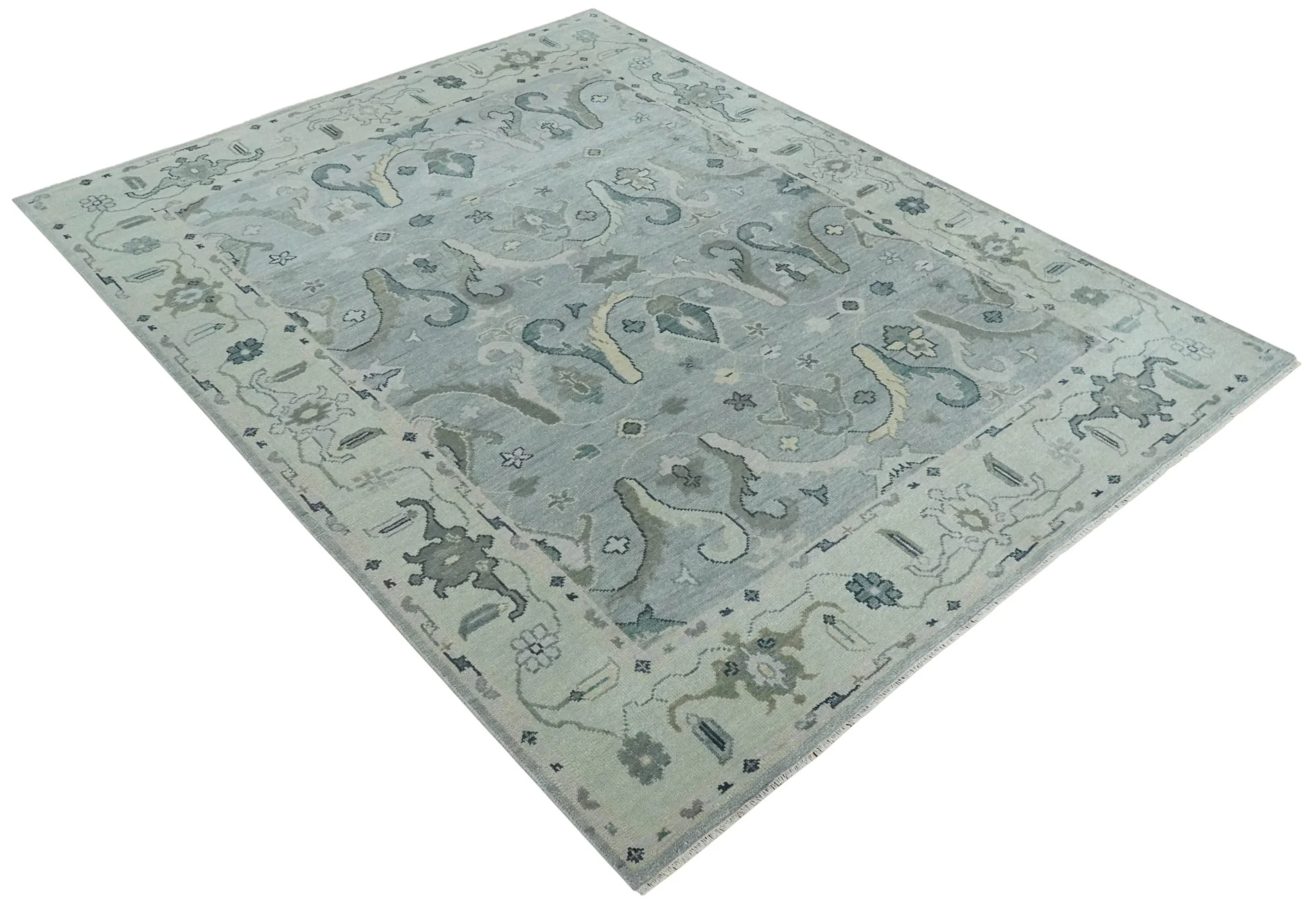 Antique Style Custom Made Charcoal, Silver and Green Hand Knotted Oriental Oushak Wool Area Rug - Image 9