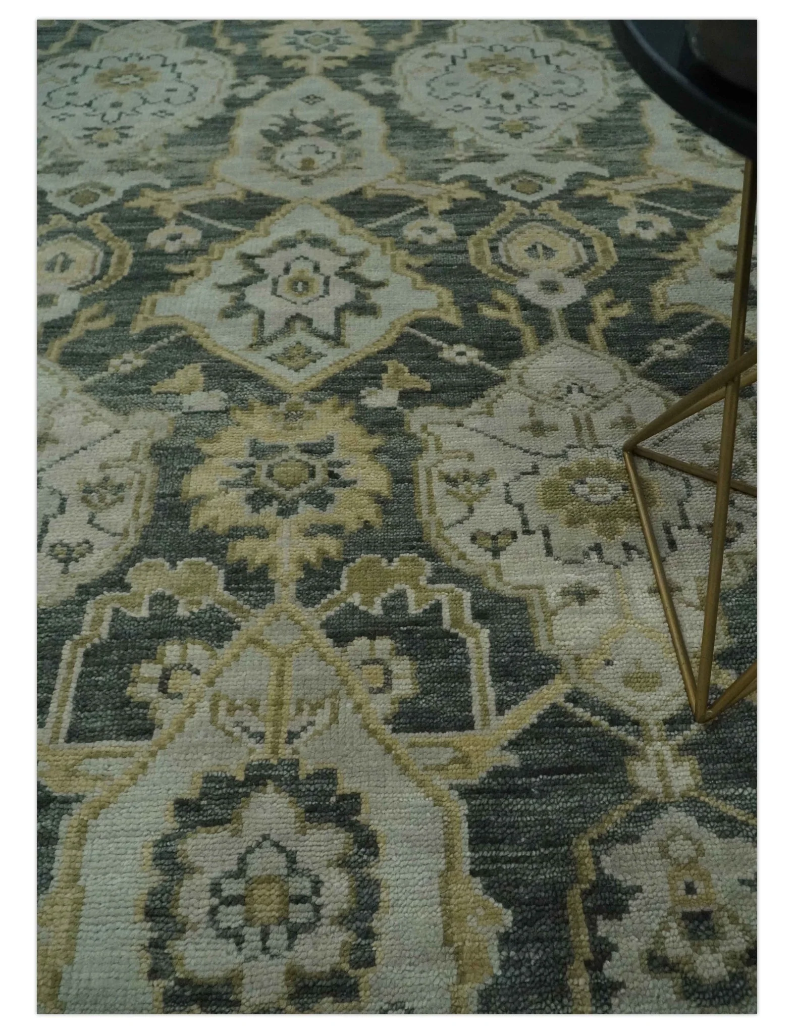 Antique style Gray, Ivory and Olive Hand knotted Traditional Oushak wool Area Rug - Image 2