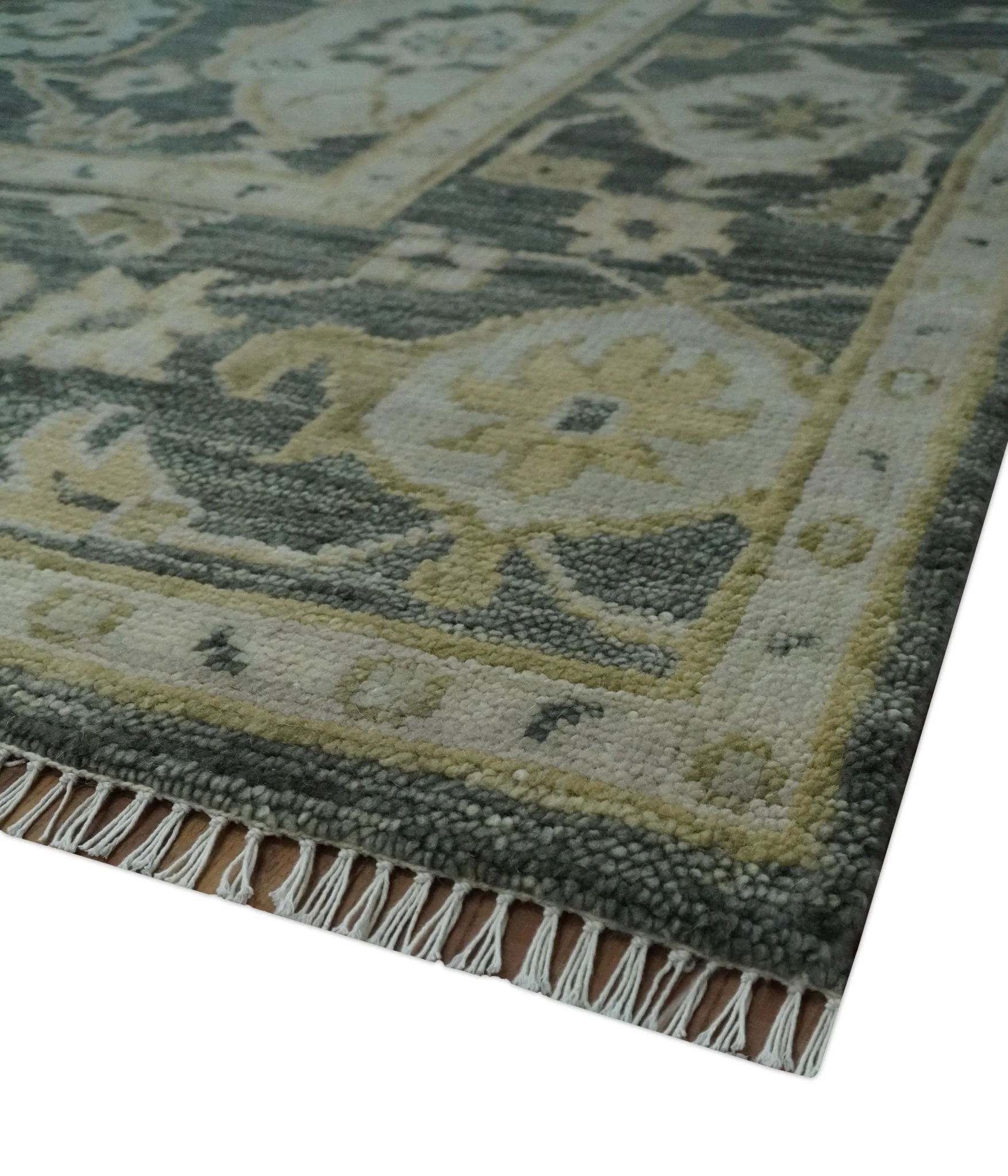 Antique style Gray, Ivory and Olive Hand knotted Traditional Oushak wool Area Rug - Image 5