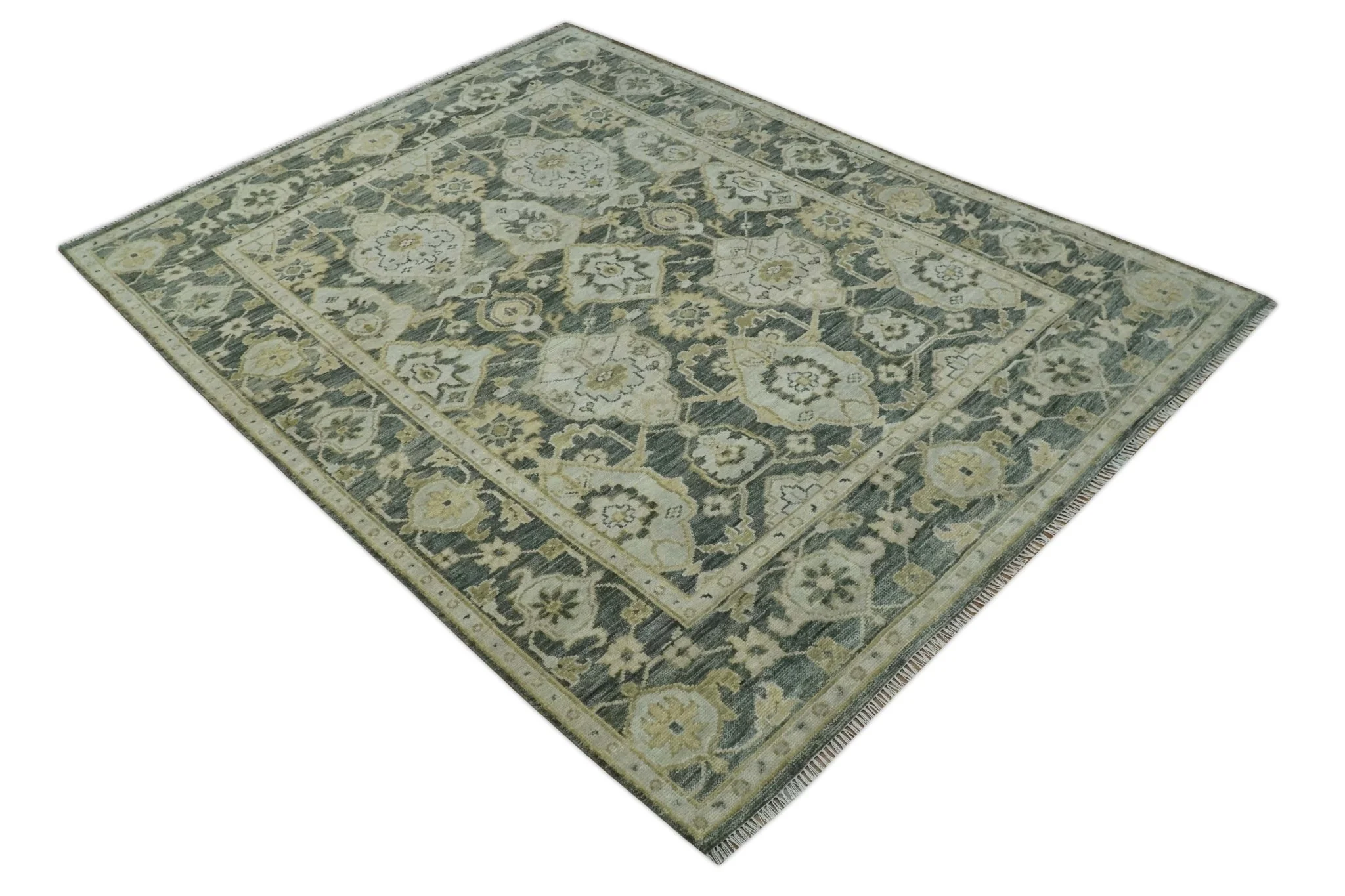 Antique style Gray, Ivory and Olive Hand knotted Traditional Oushak 9x12 wool Area Rug - Image 10