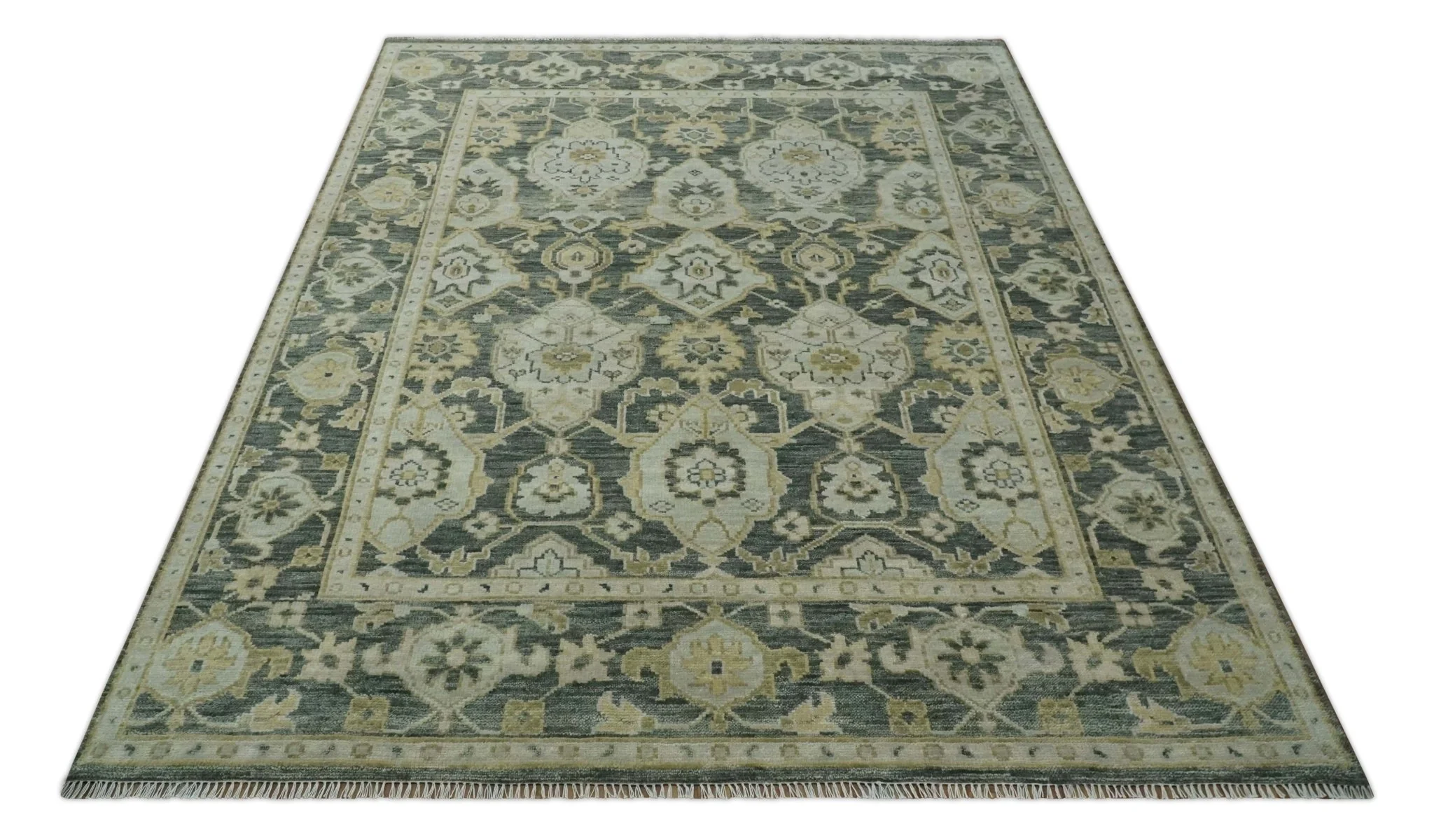 Antique style Gray, Ivory and Olive Hand knotted Traditional Oushak 9x12 wool Area Rug - Image 11