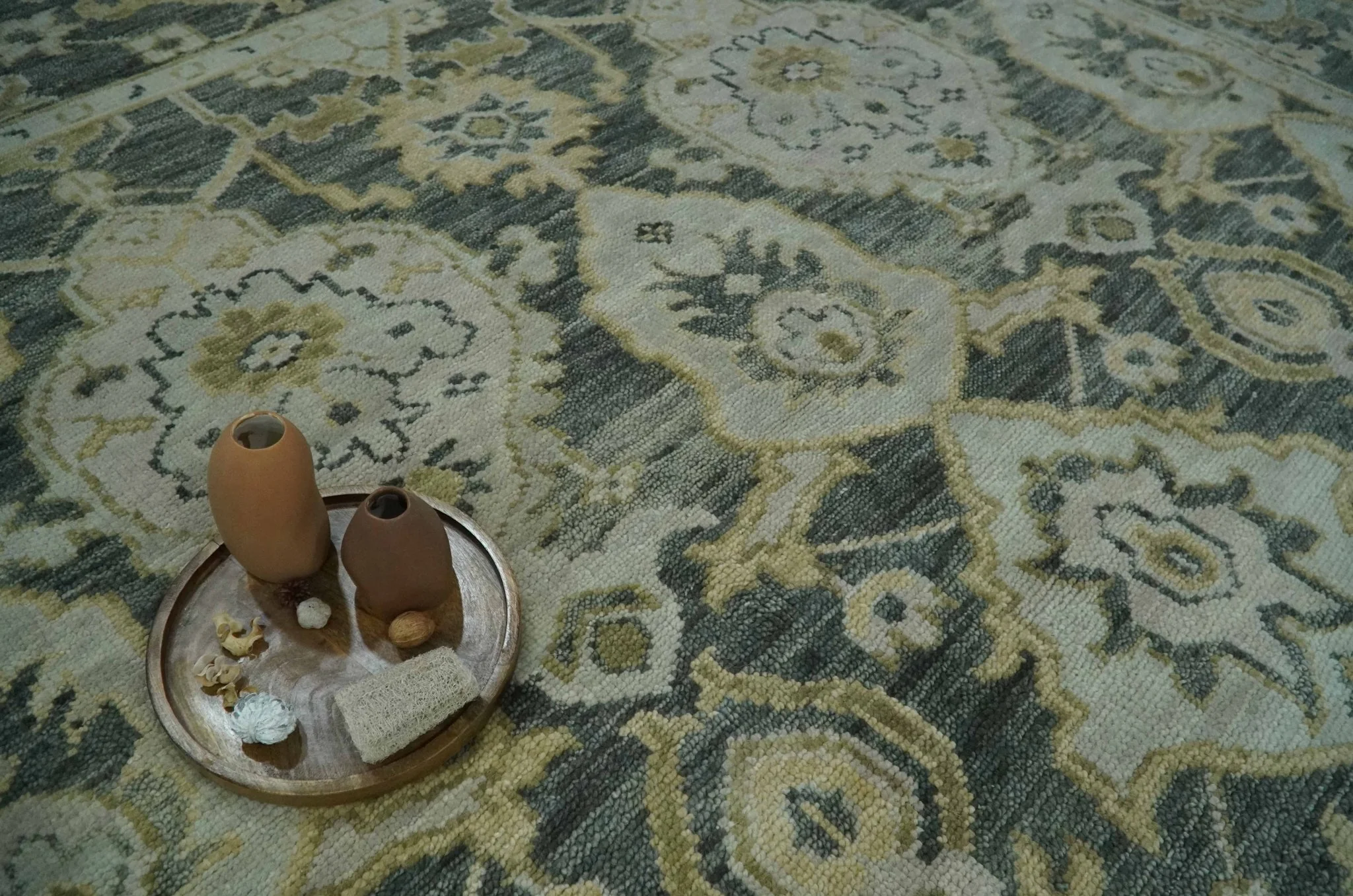 Antique style Gray, Ivory and Olive Hand knotted Traditional Oushak 9x12 wool Area Rug - Image 12