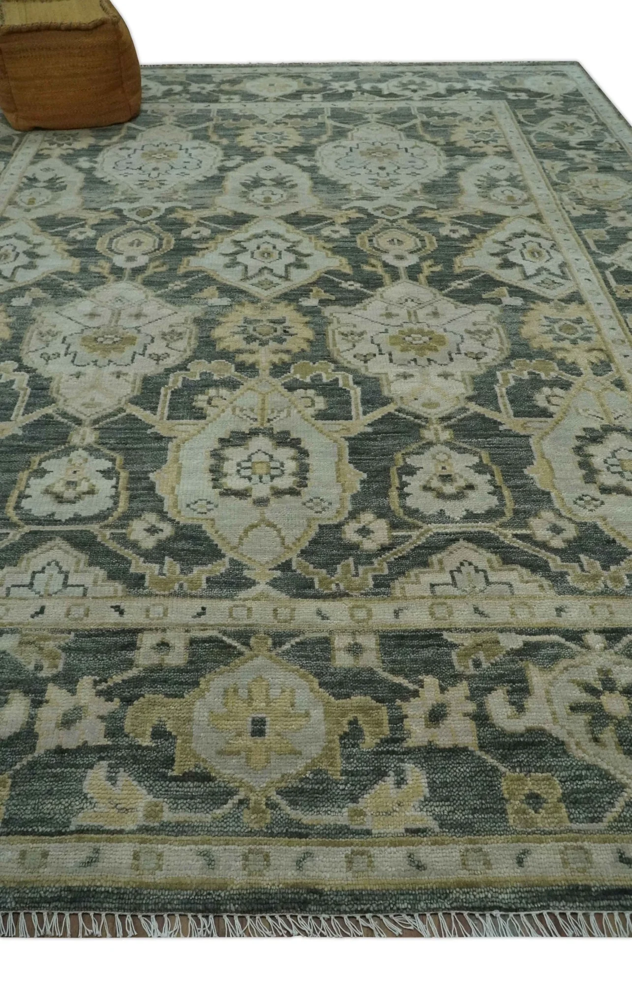 Antique style Gray, Ivory and Olive Hand knotted Traditional Oushak 9x12 wool Area Rug - Image 3