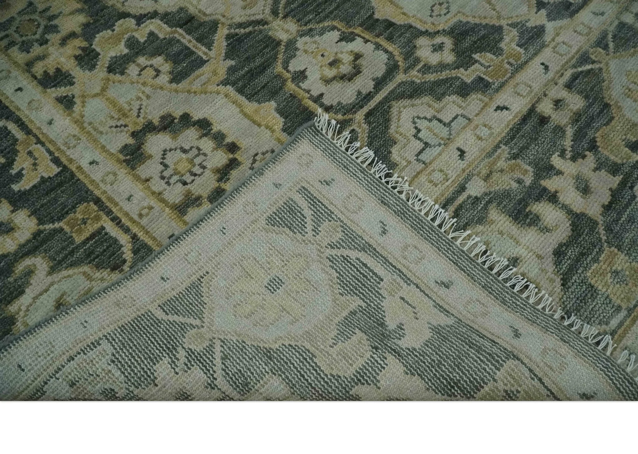 Antique style Gray, Ivory and Olive Hand knotted Traditional Oushak 9x12 wool Area Rug - Image 7
