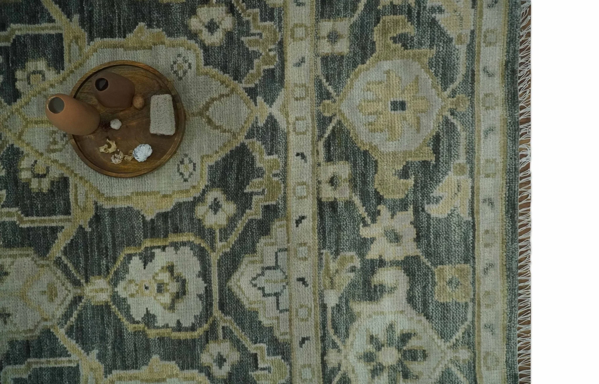 Antique style Gray, Ivory and Olive Hand knotted Traditional Oushak 9x12 wool Area Rug - Image 9